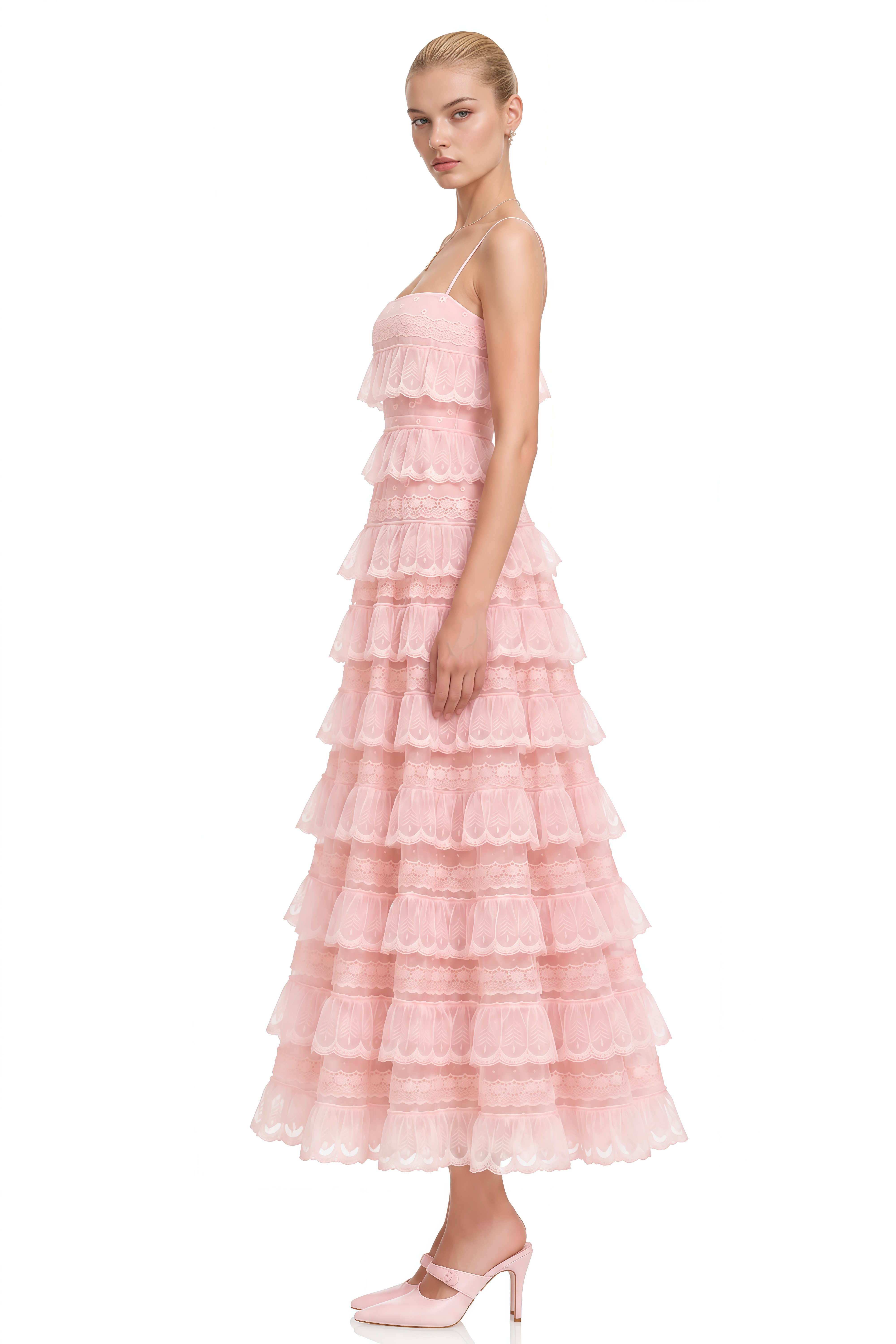 Emmeline Pink Layered Ruffled Lace Midi Dress