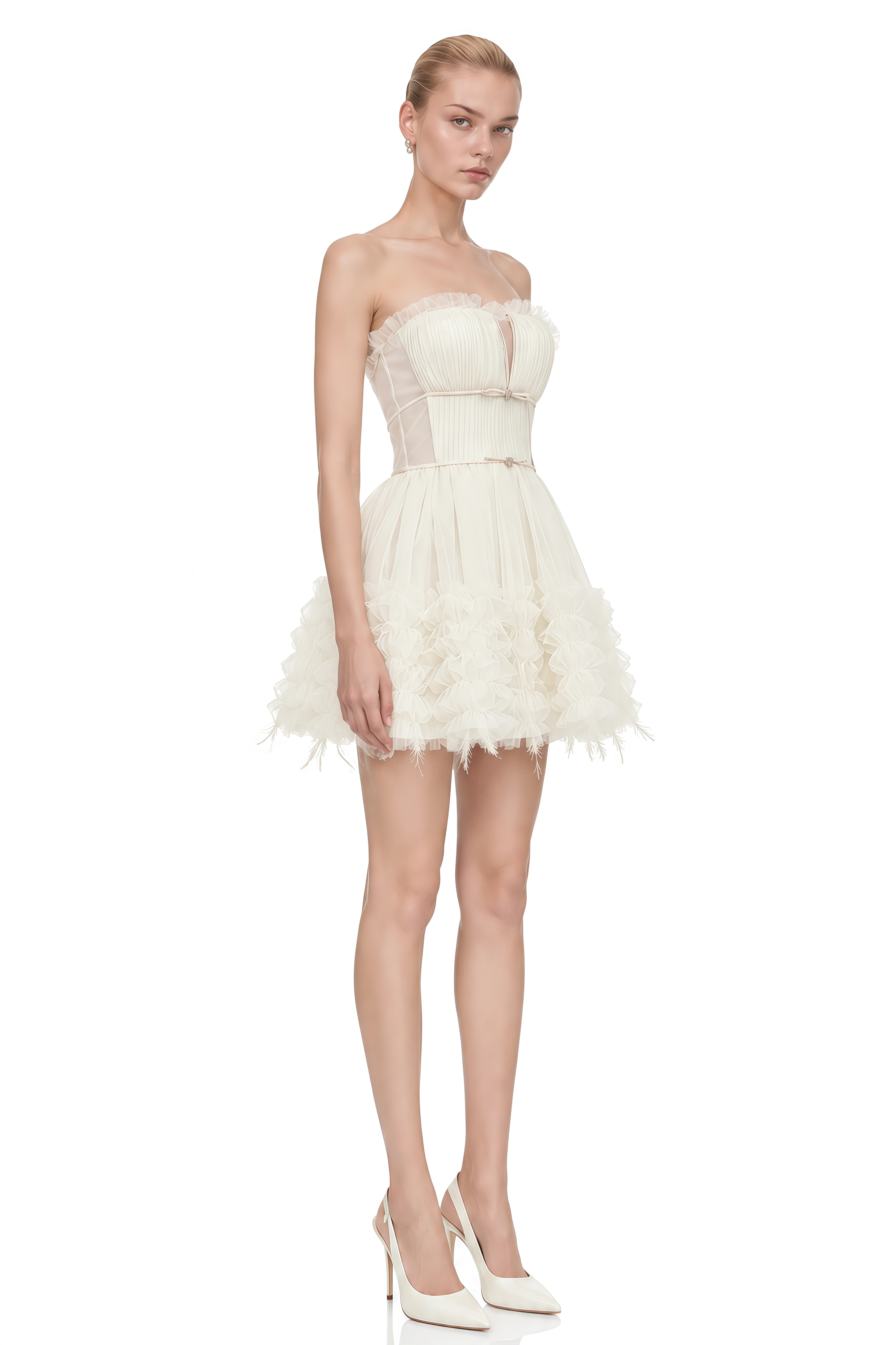 Thalia Neutral Strapless Layered Ruffled Mini Dress