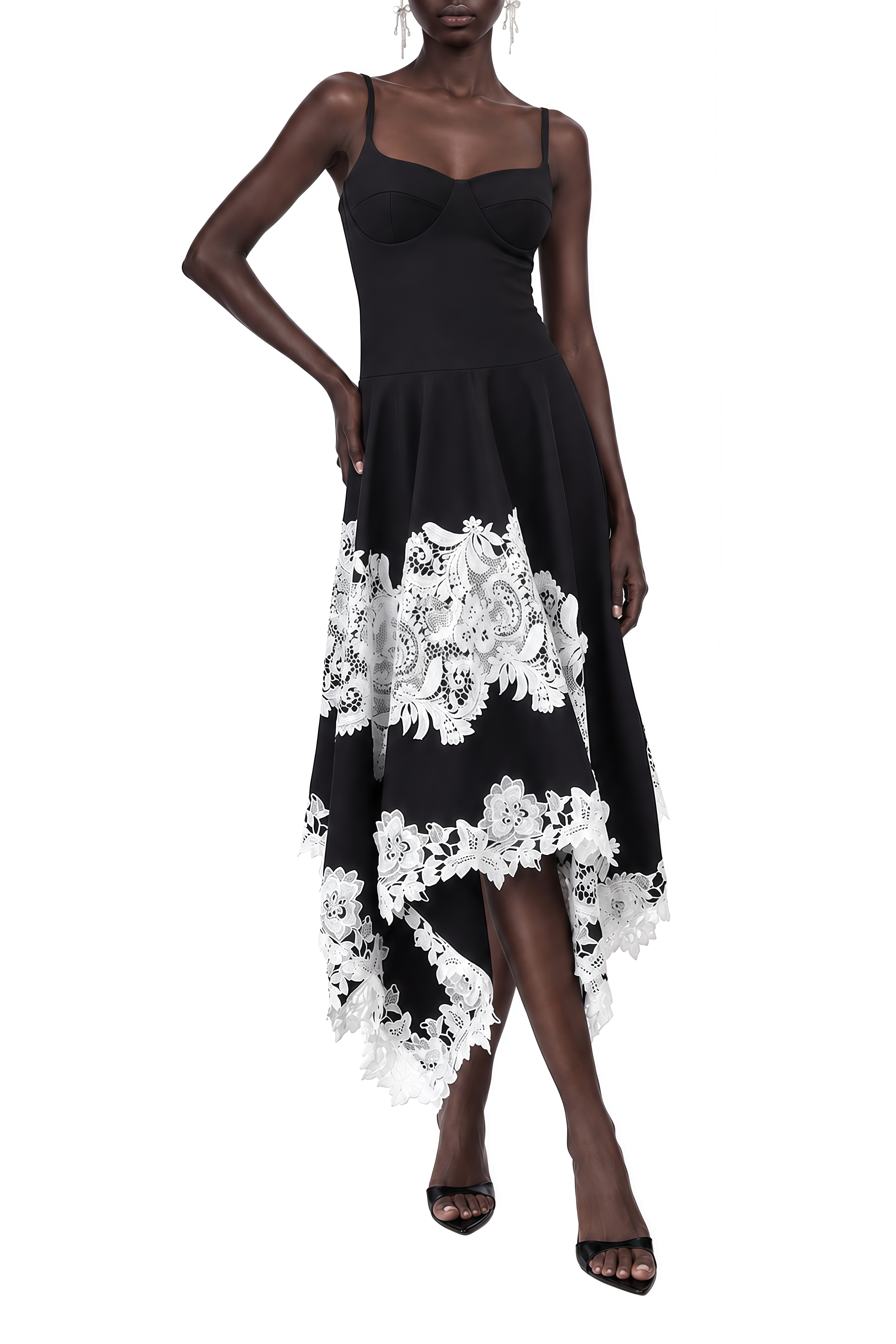 Cecilia Black Sweetheart Neck Lace Midi Dress