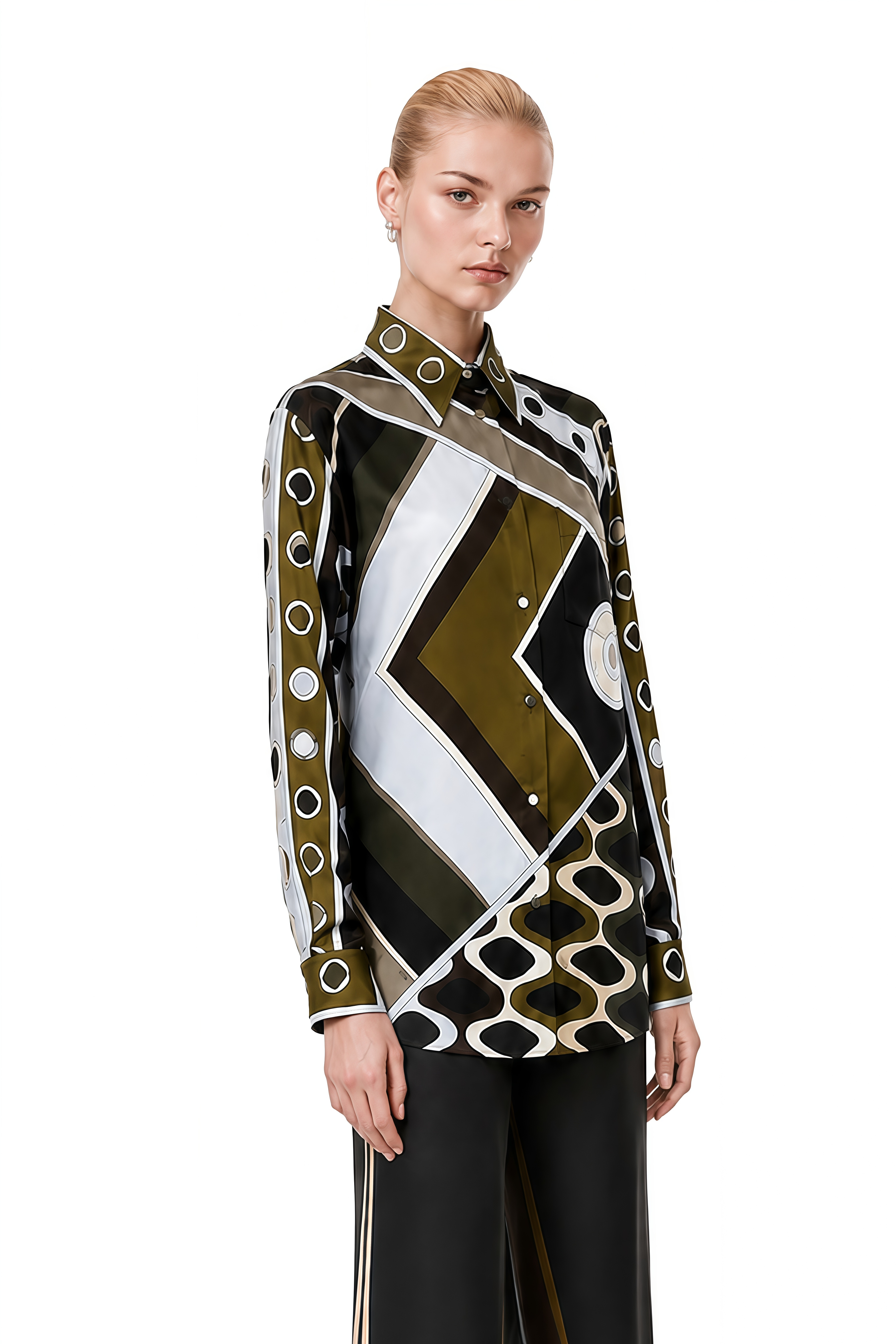 Helena Olive Green Abstract Geometric Print Blouse & Trousers Set