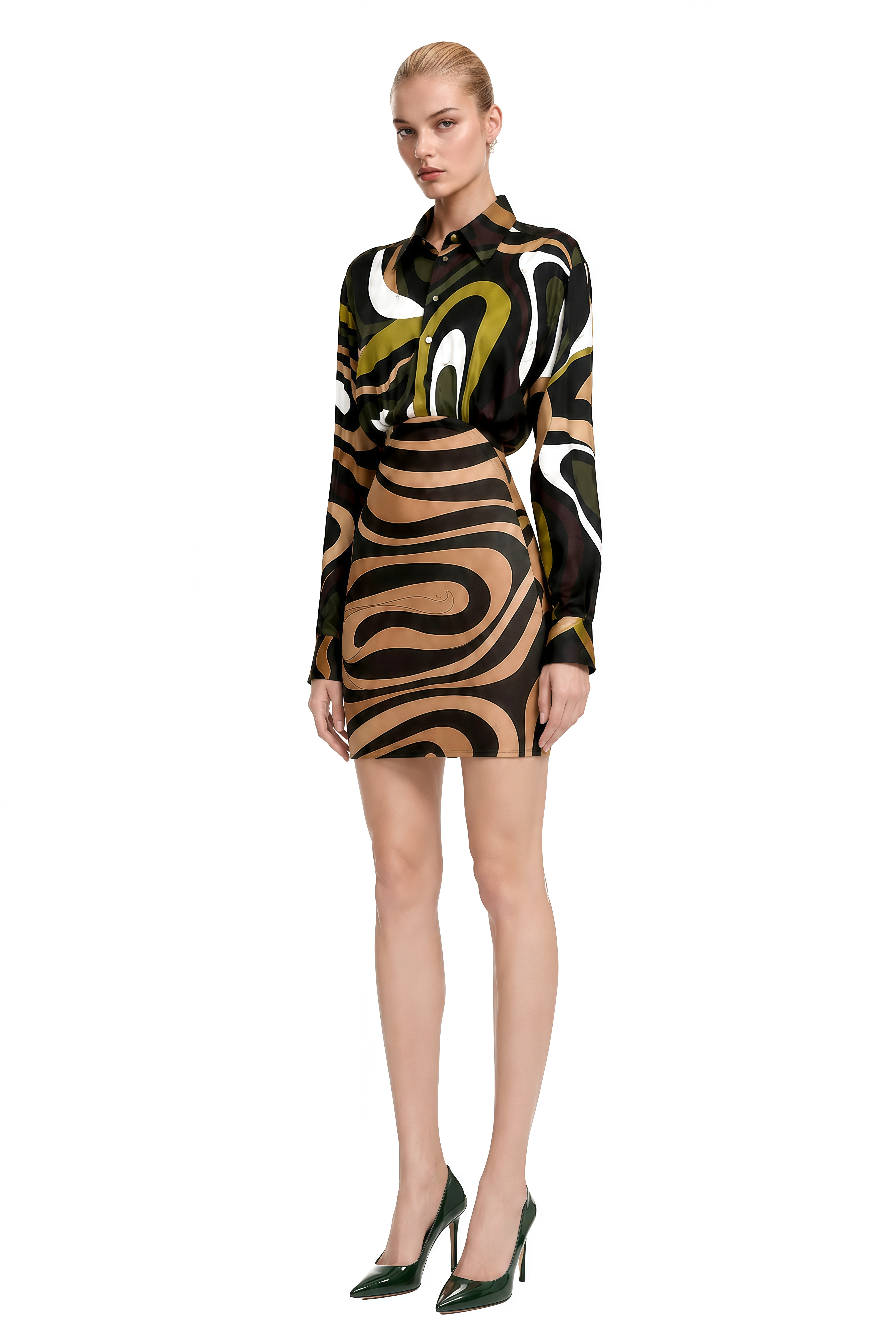 Ophelia Olive Green Abstract Print High-Waist Mini Dress