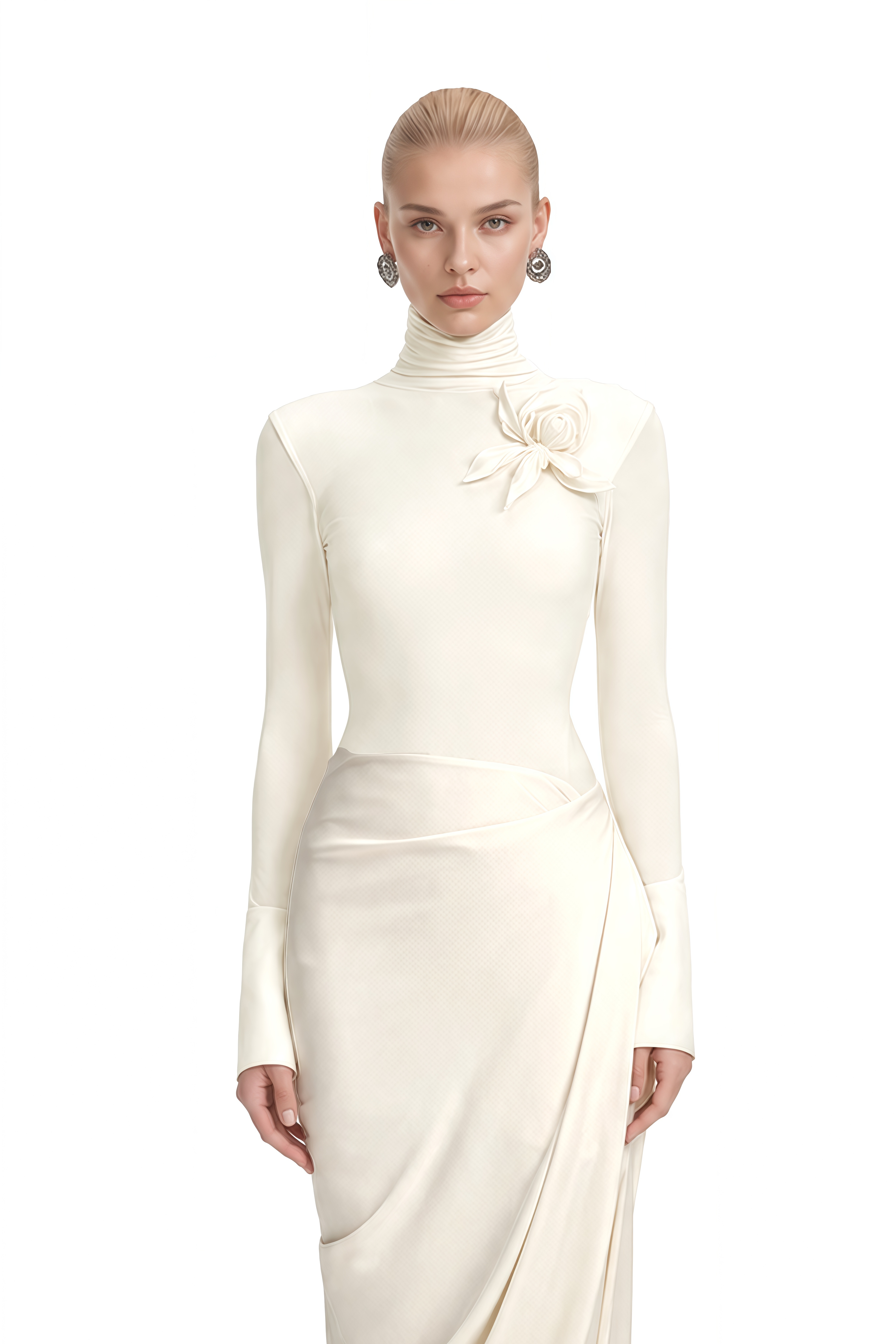 Serenity White Turtleneck Asymmetrical Maxi Dress