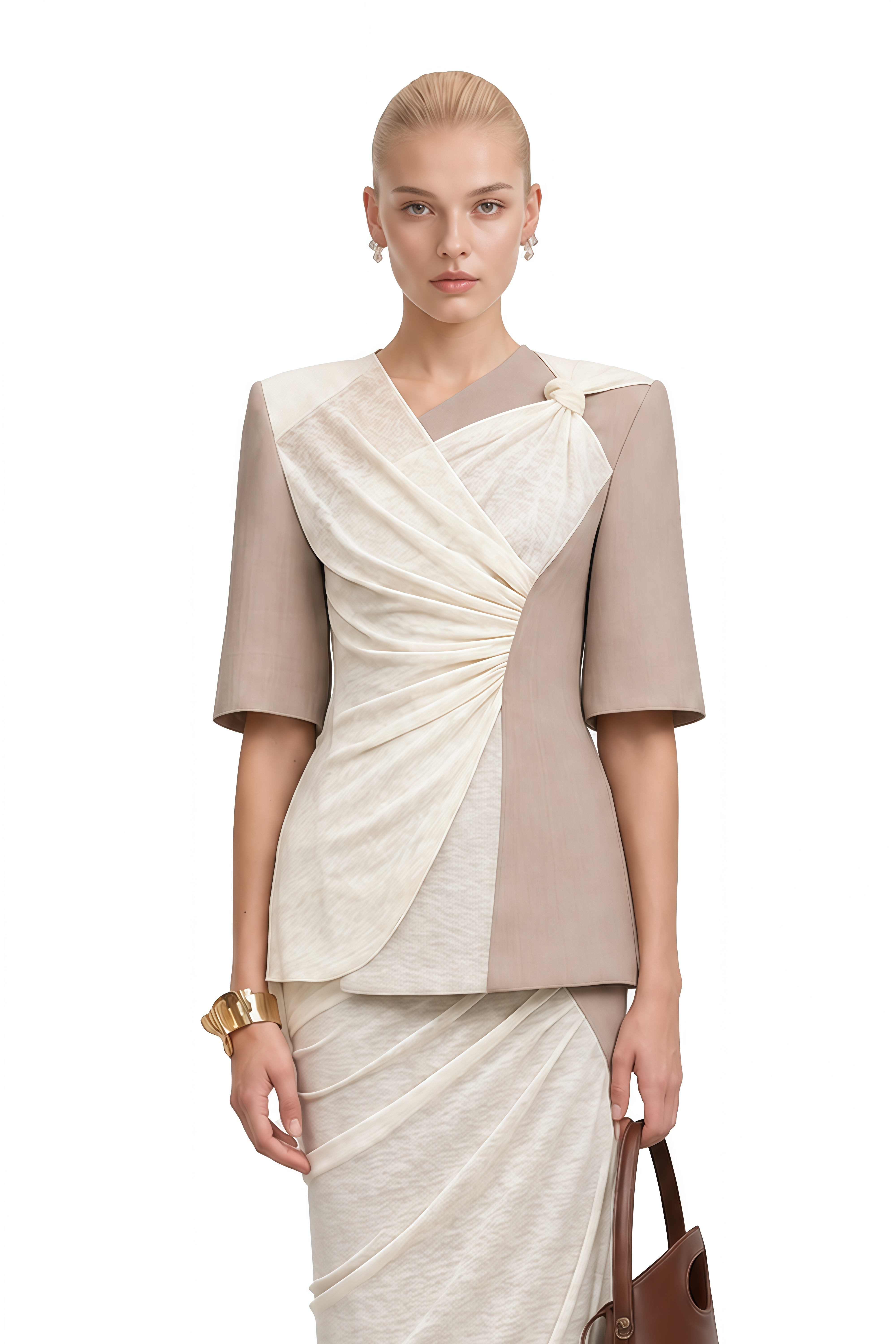 Lydia Ivory Asymmetrical Contrast Panel Top & Skirt Set