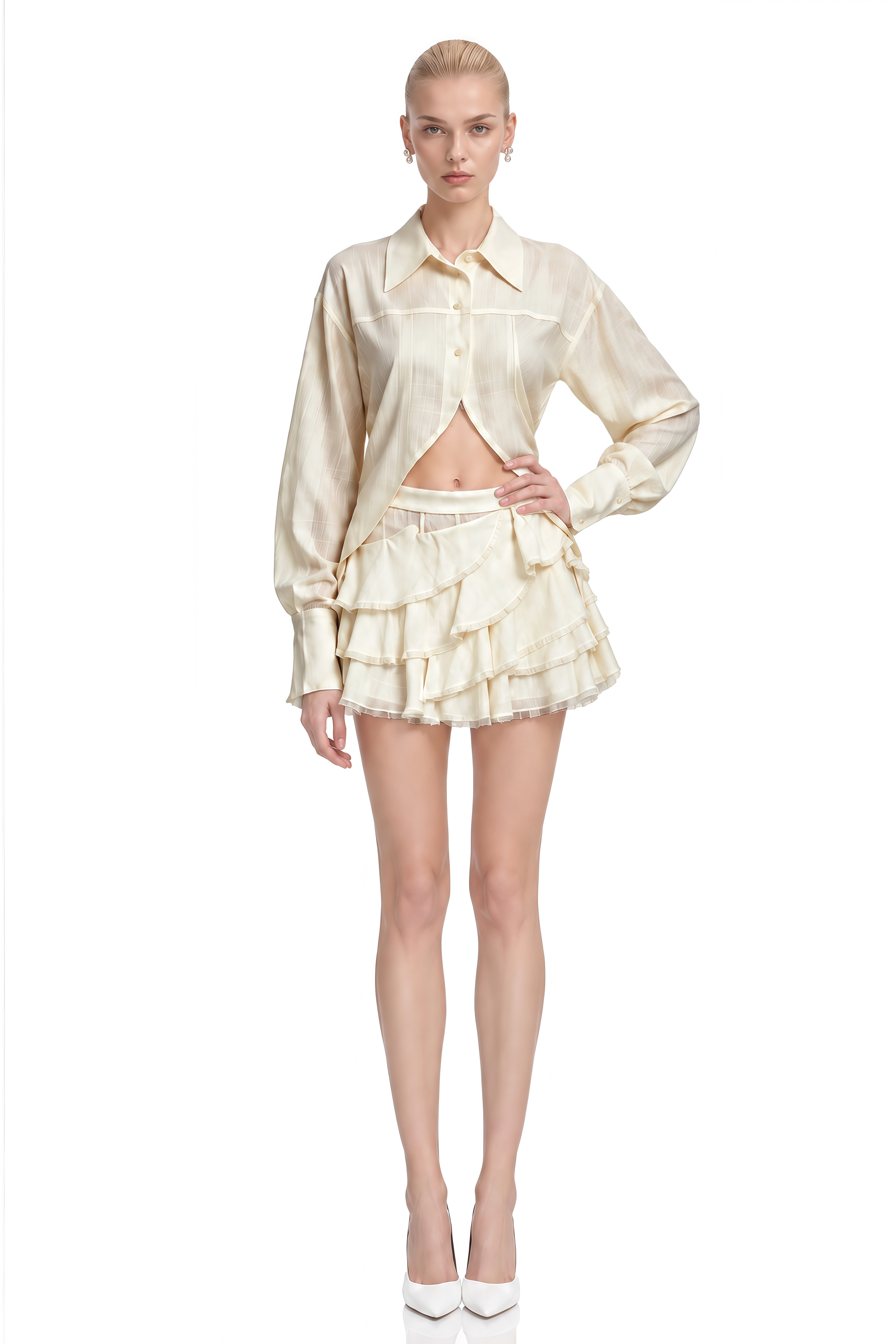 Emerson White Long Sleeves Ruffled Top & Skirt Set