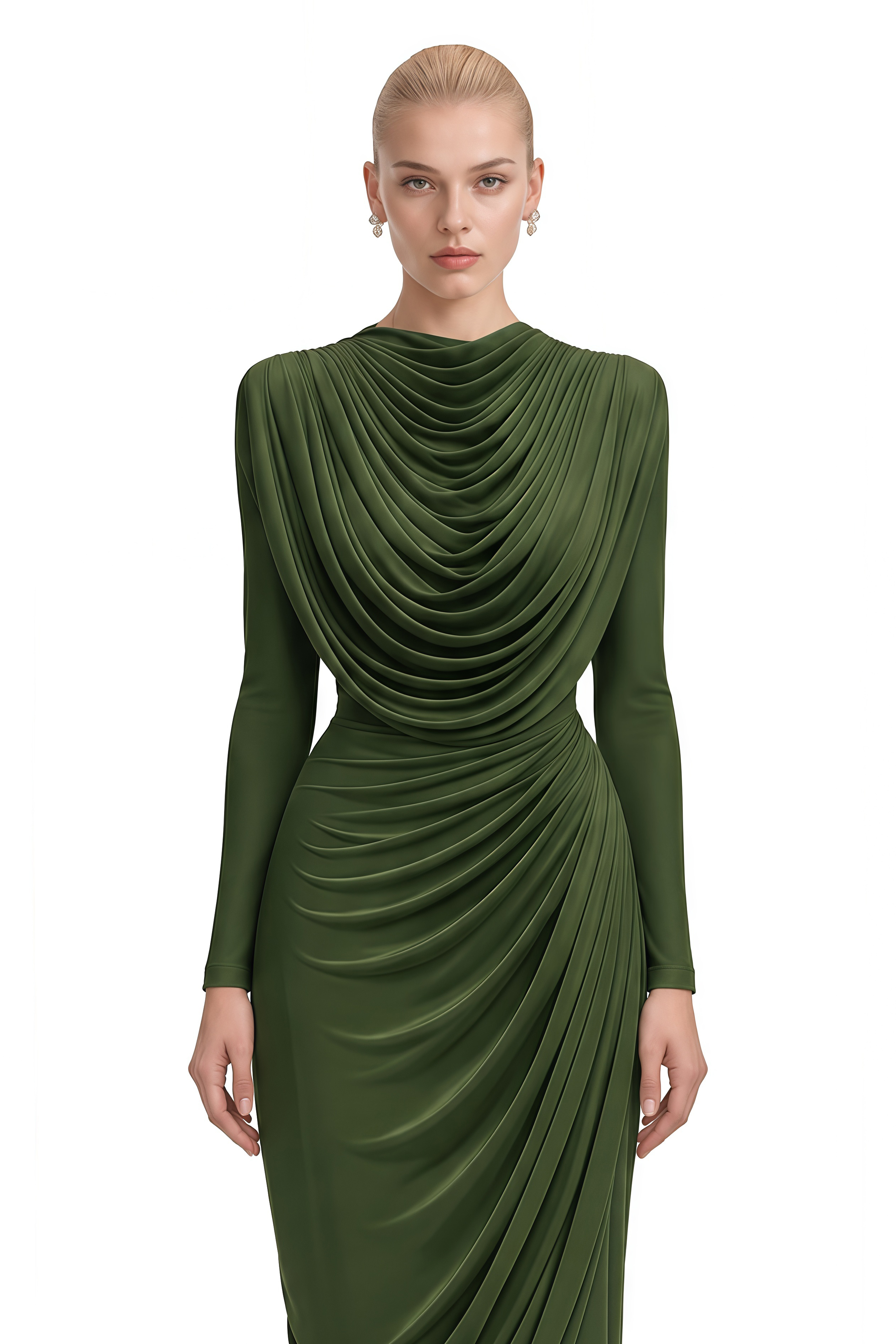 Margaux Olive Green Asymmetric Ruched Maxi Dress