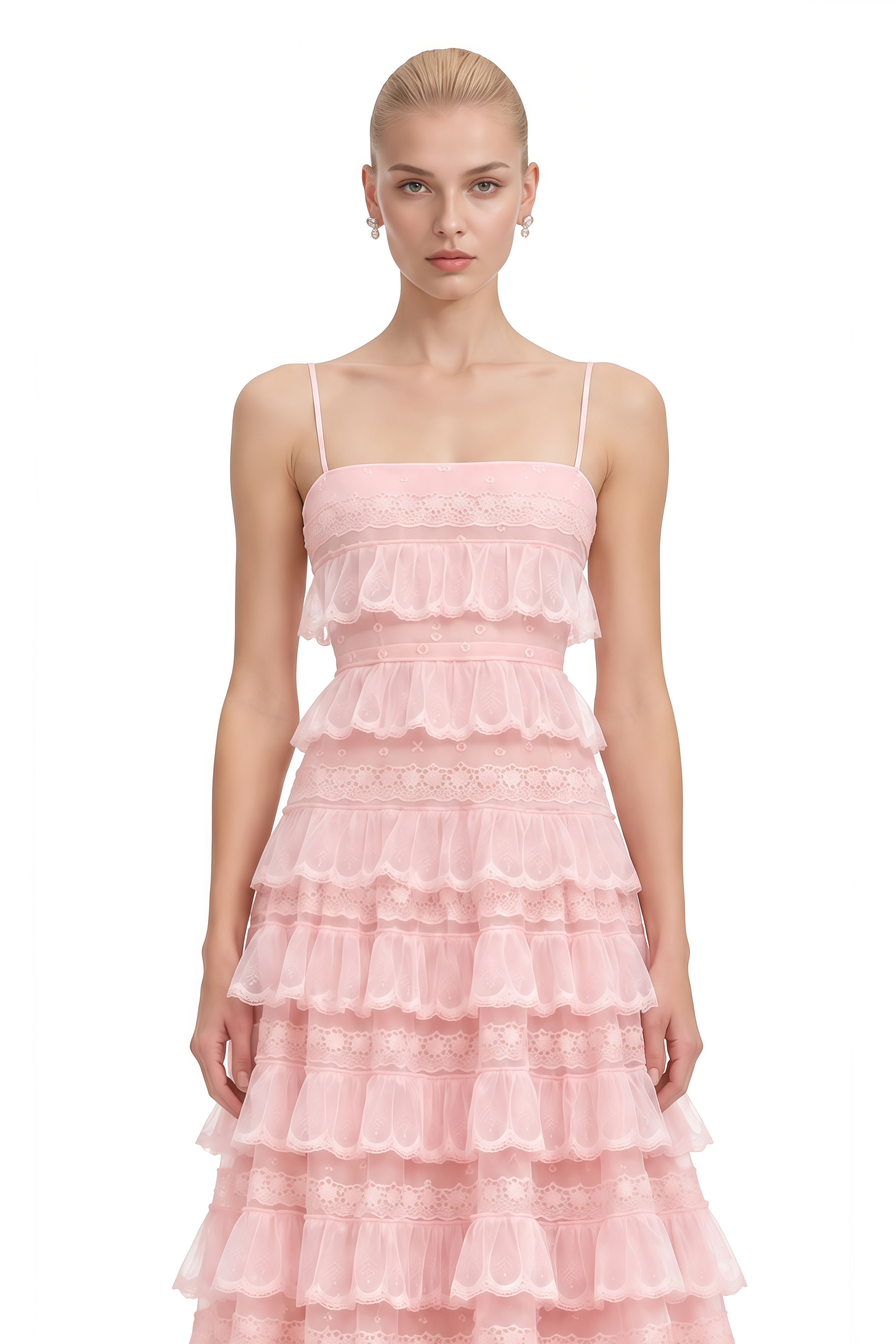 Emmeline Pink Layered Ruffled Lace Midi Dress