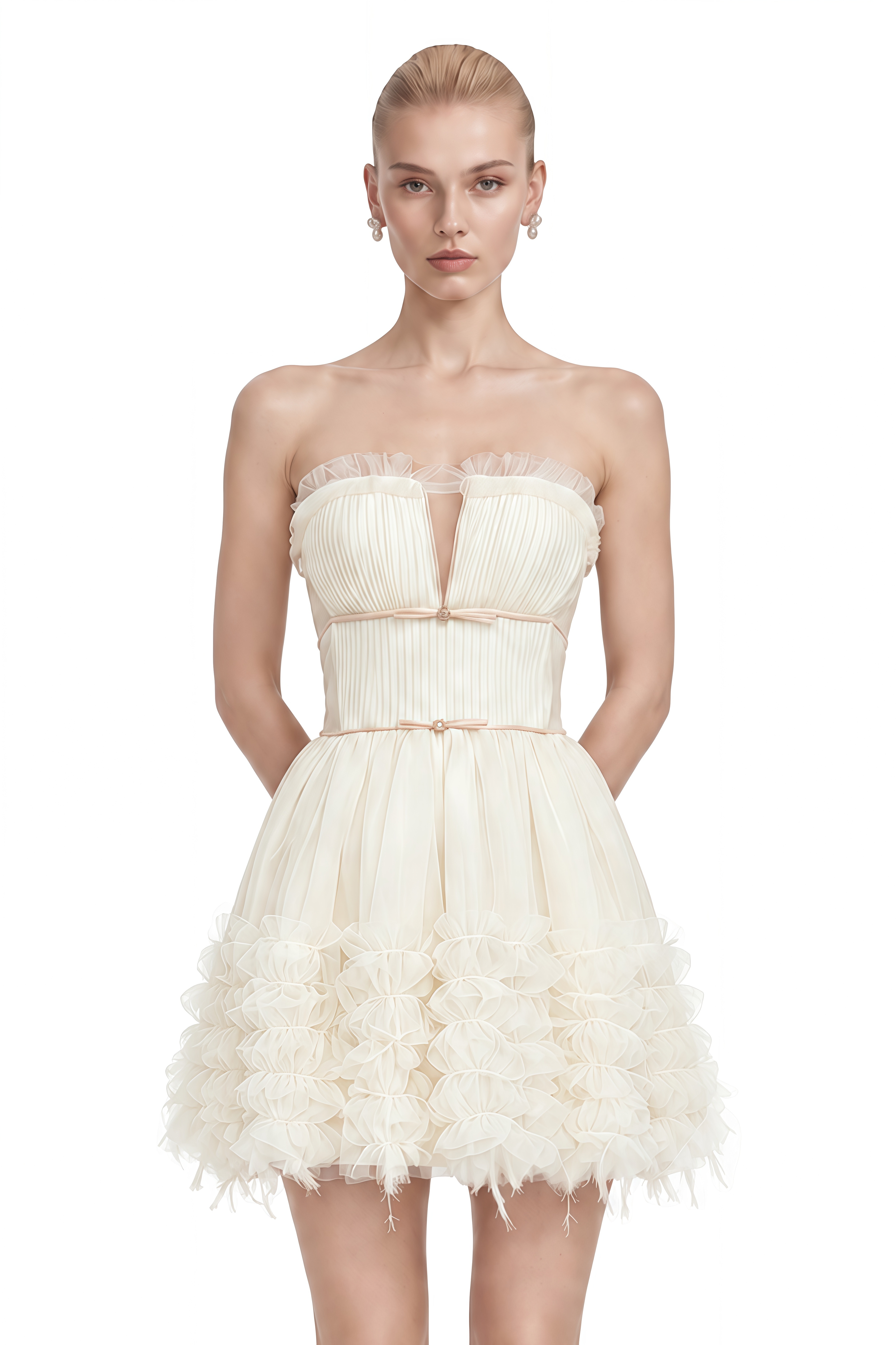 Thalia Neutral Strapless Layered Ruffled Mini Dress