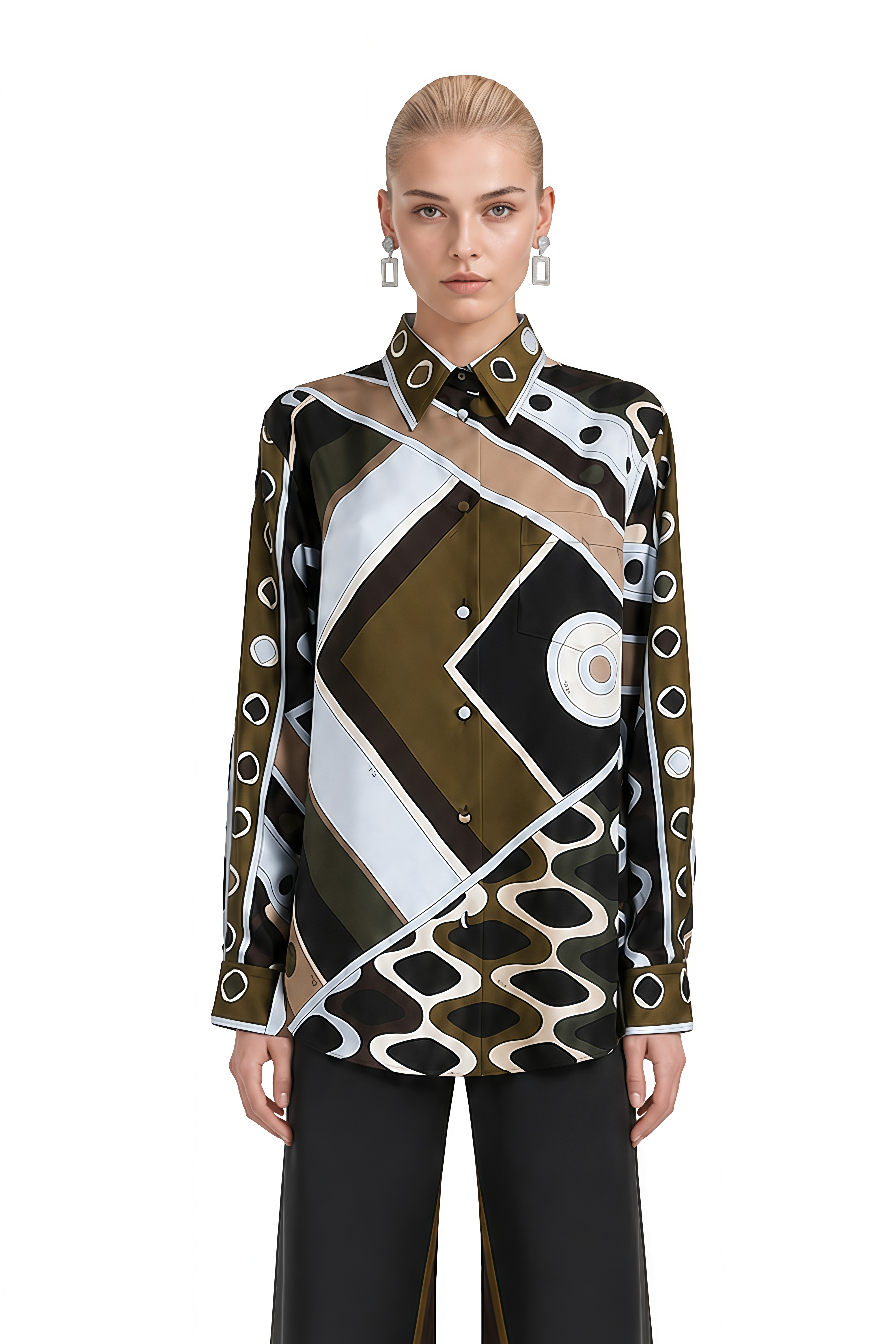Helena Olive Green Abstract Geometric Print Blouse & Trousers Set