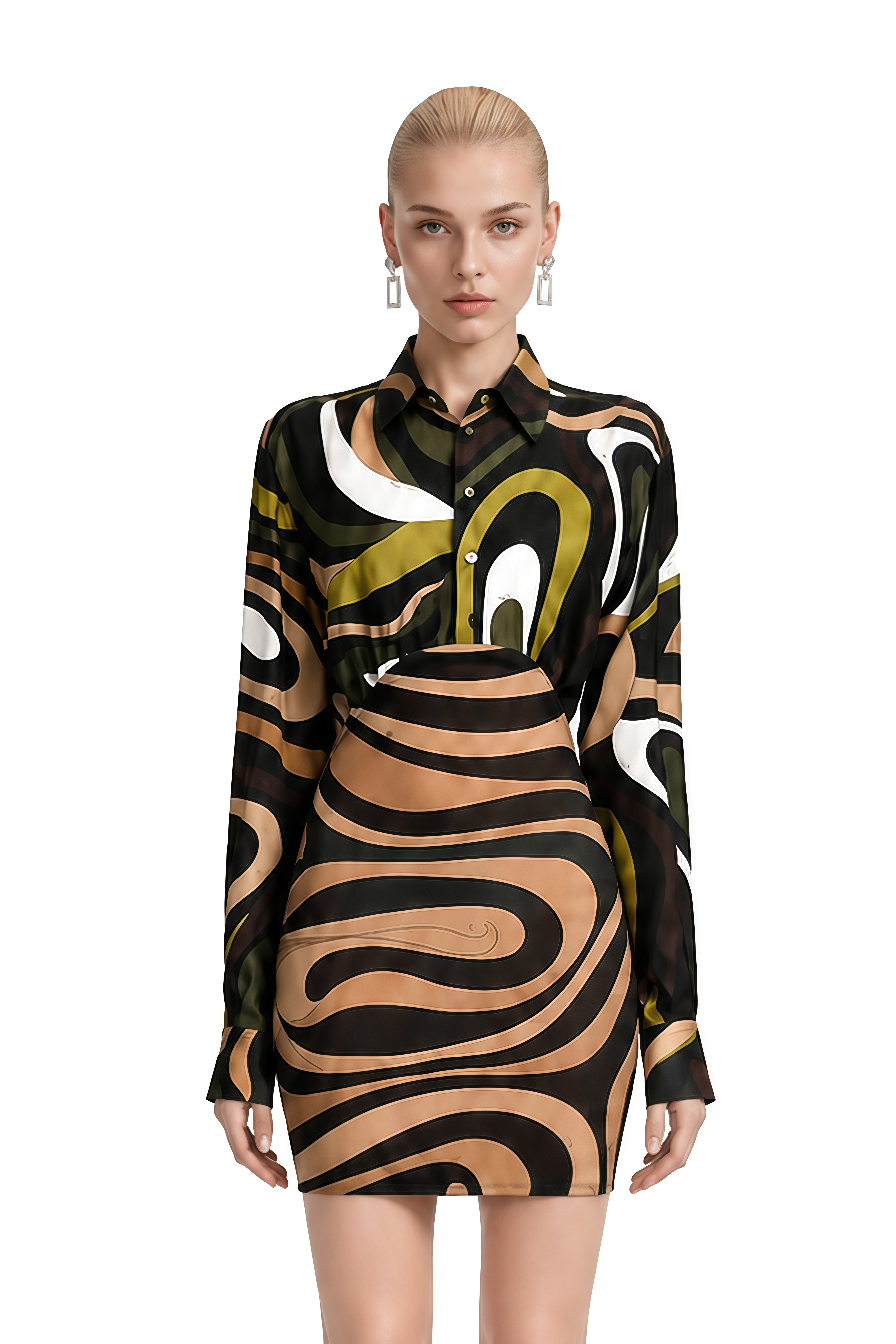 Ophelia Olive Green Abstract Print High-Waist Mini Dress