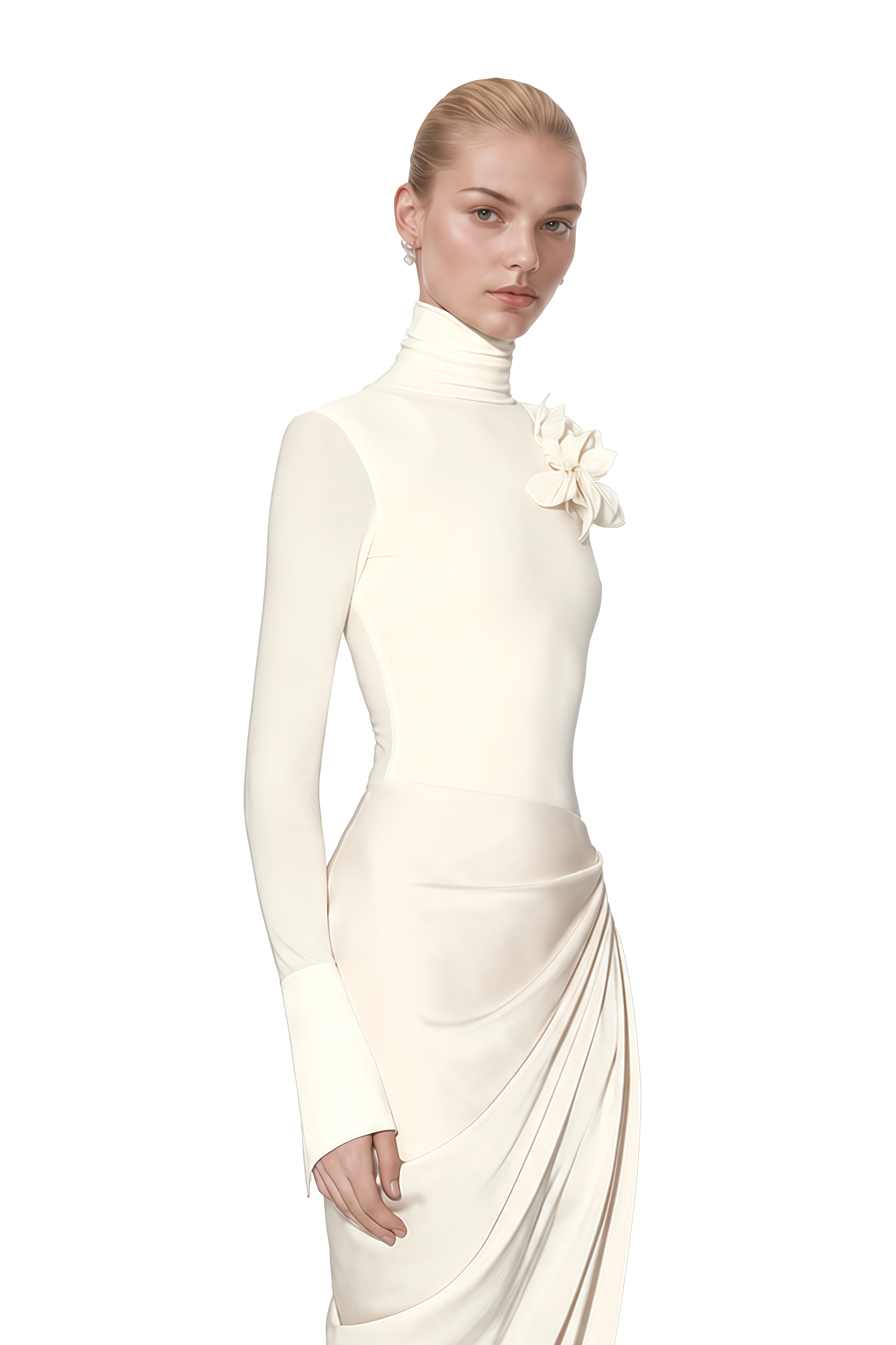 Serenity White Turtleneck Asymmetrical Maxi Dress