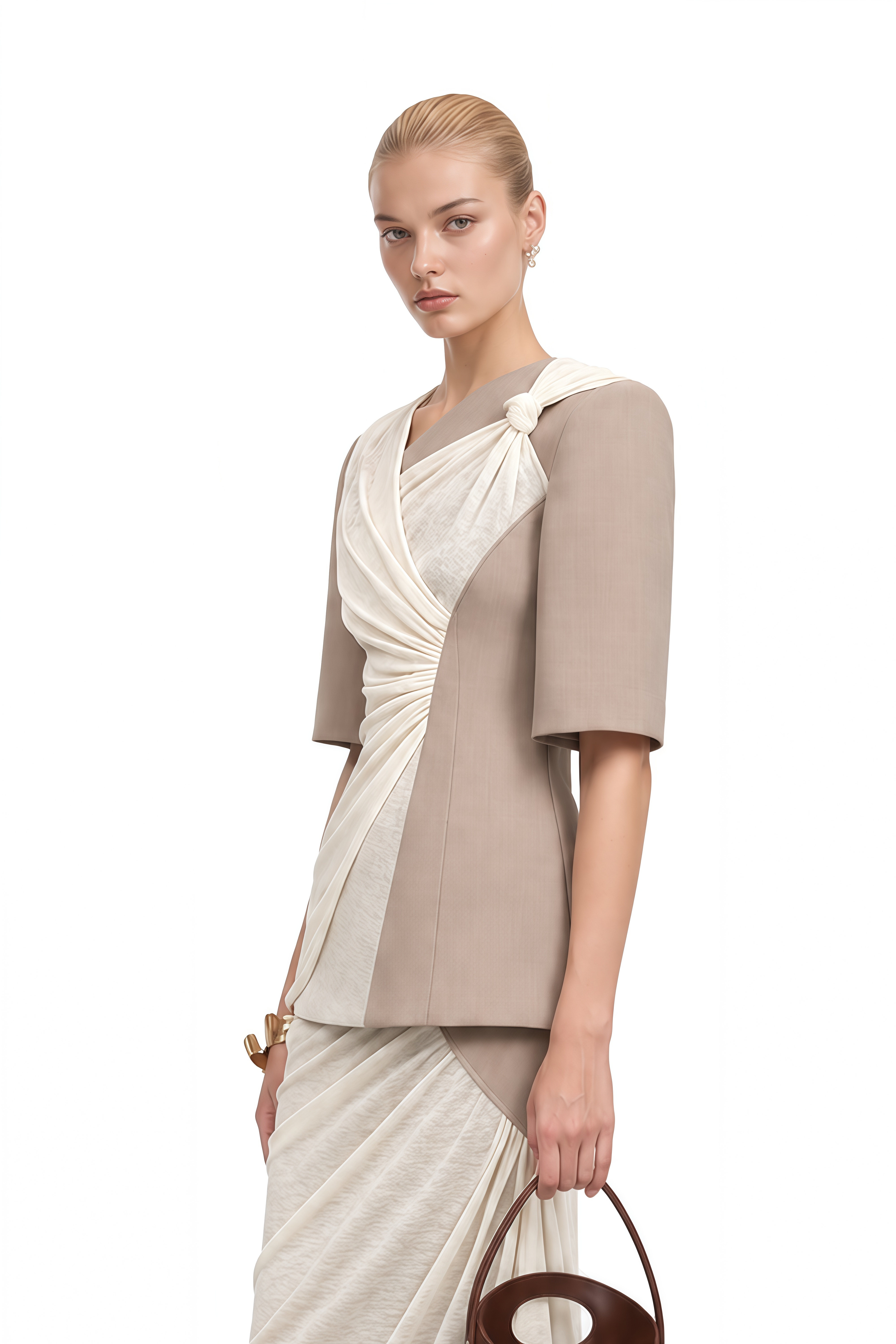 Lydia Ivory Asymmetrical Contrast Panel Top & Skirt Set
