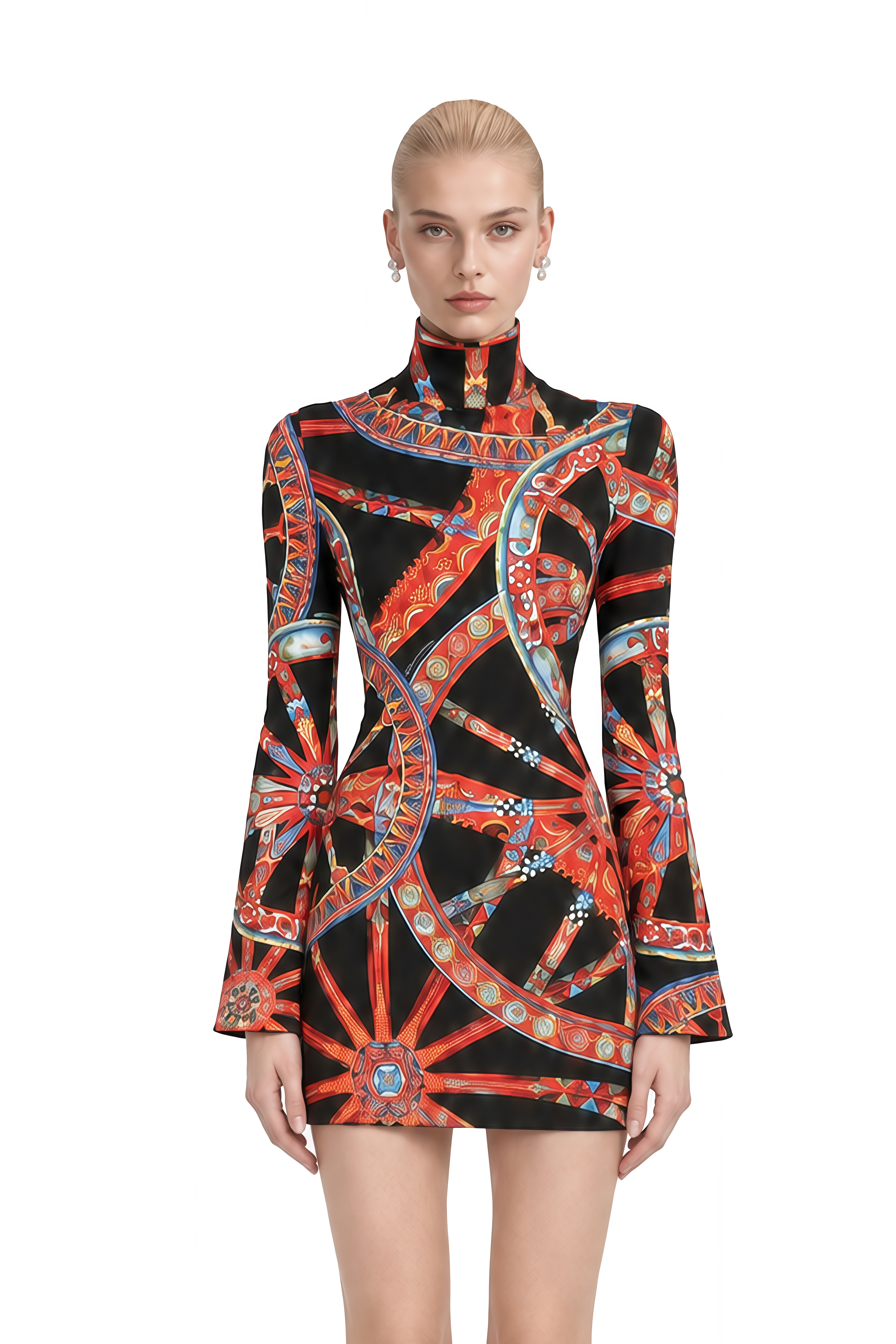 Lavinia Black Turtleneck Abstract Print Mini Dress