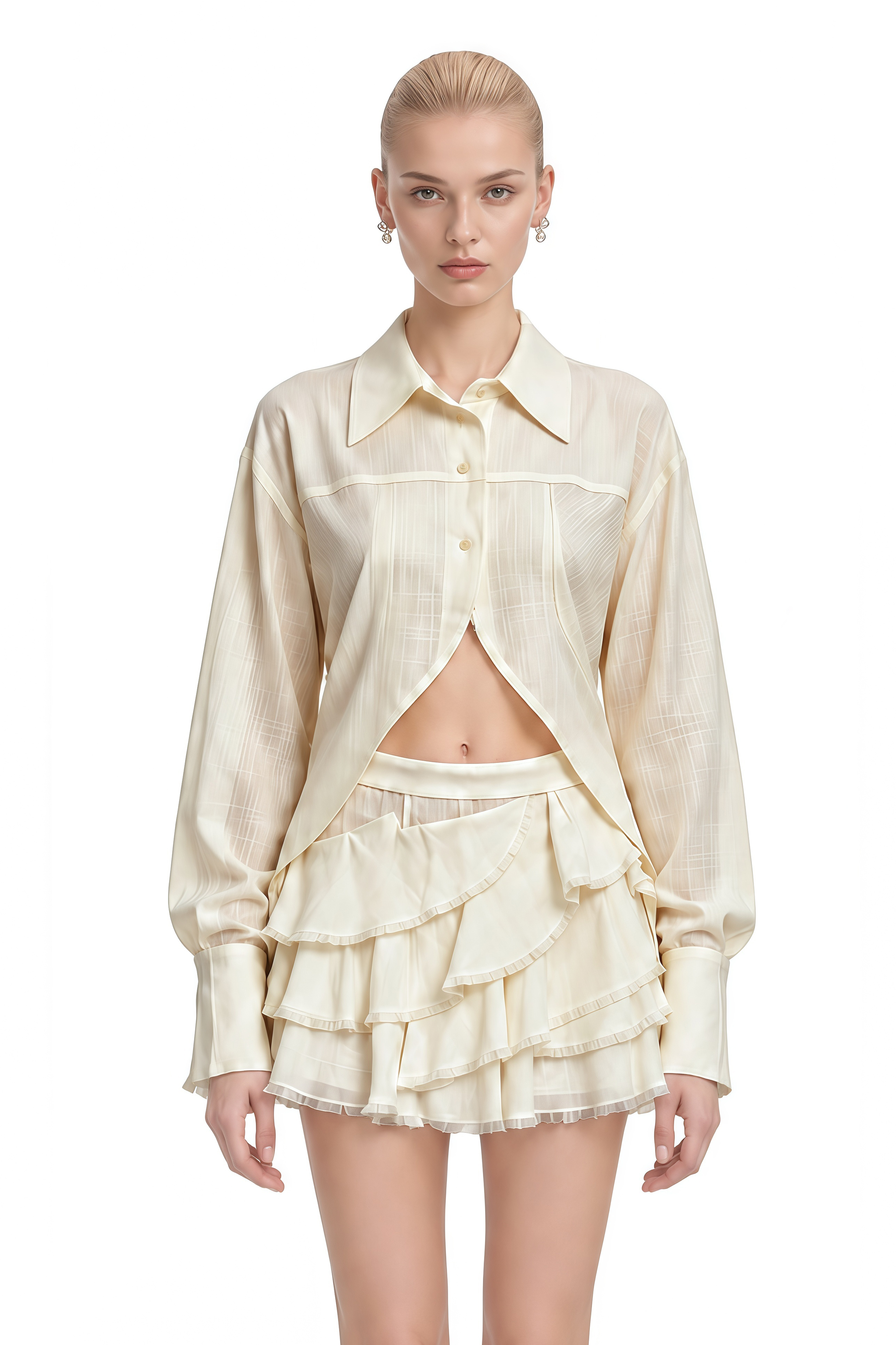 Emerson White Long Sleeves Ruffled Top & Skirt Set
