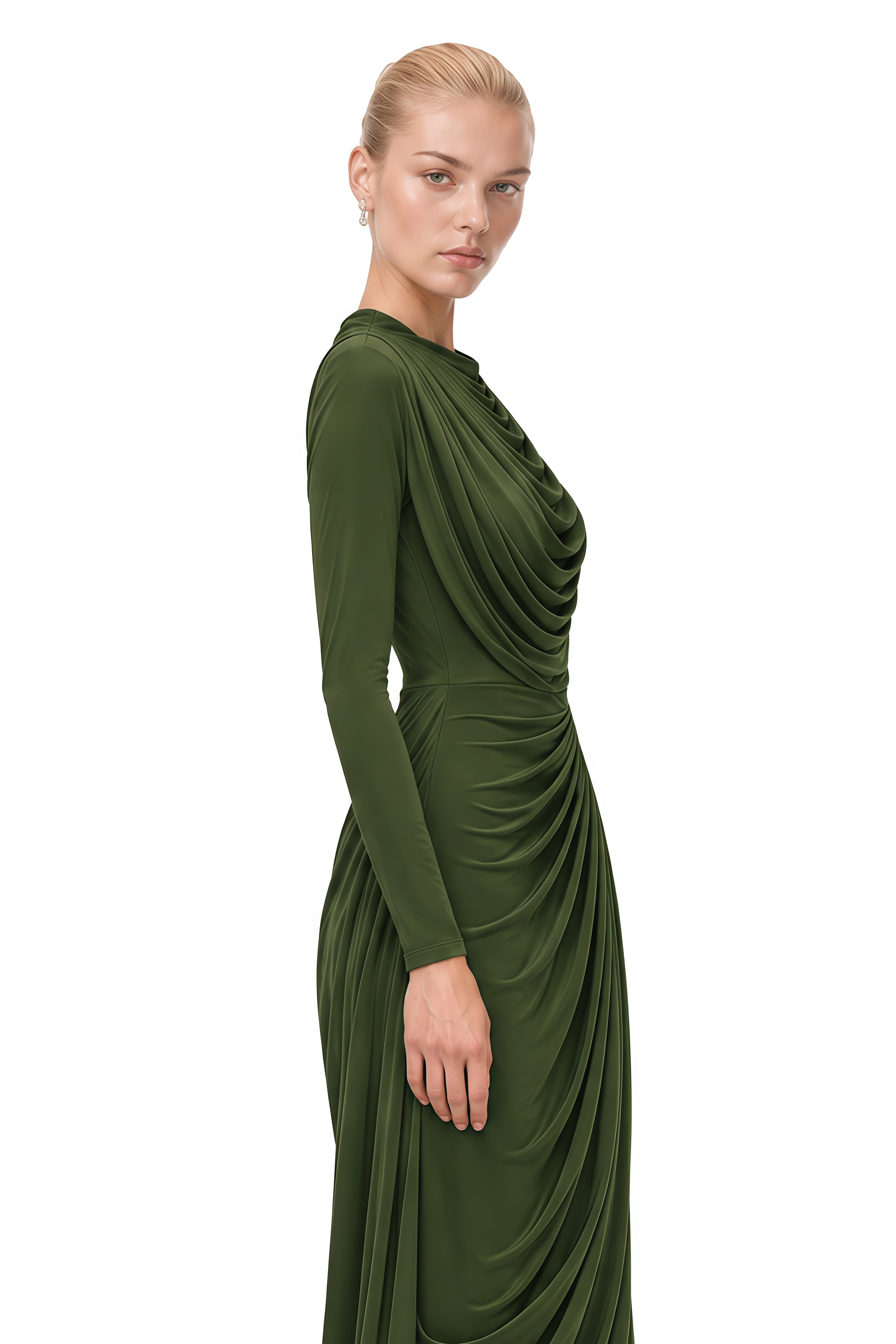 Margaux Olive Green Asymmetric Ruched Maxi Dress