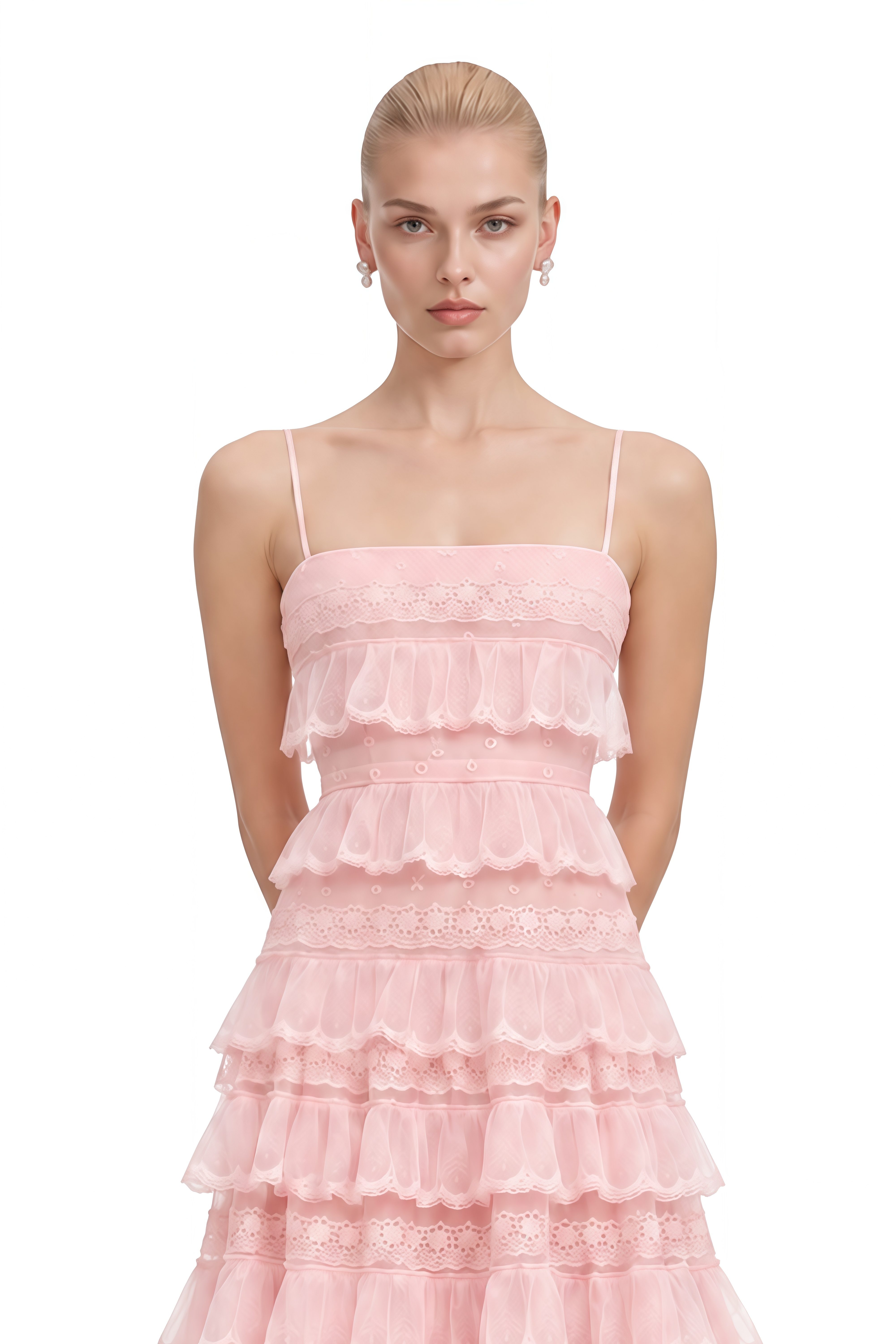 Emmeline Pink Layered Ruffled Lace Midi Dress