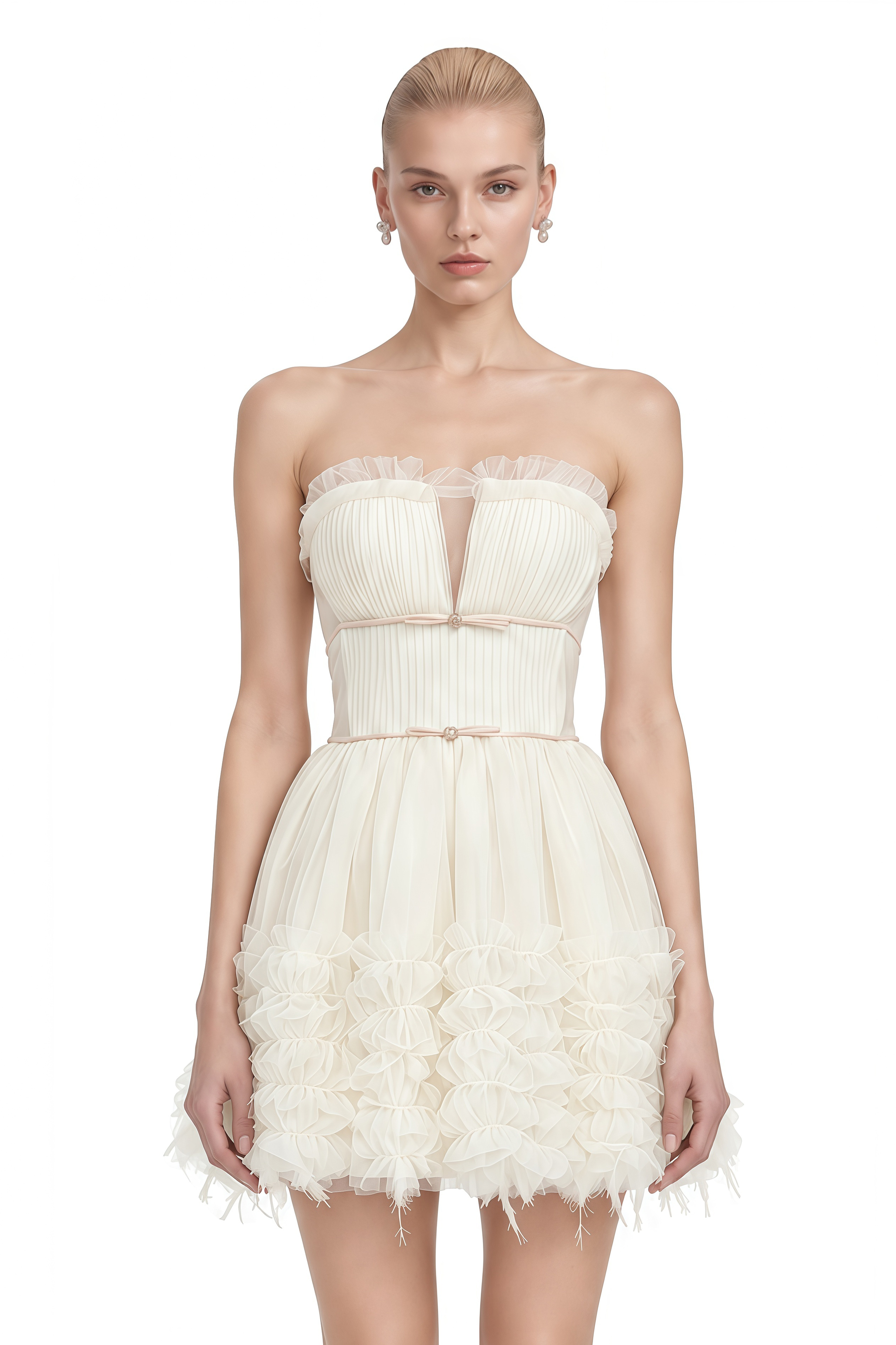 Thalia Neutral Strapless Layered Ruffled Mini Dress