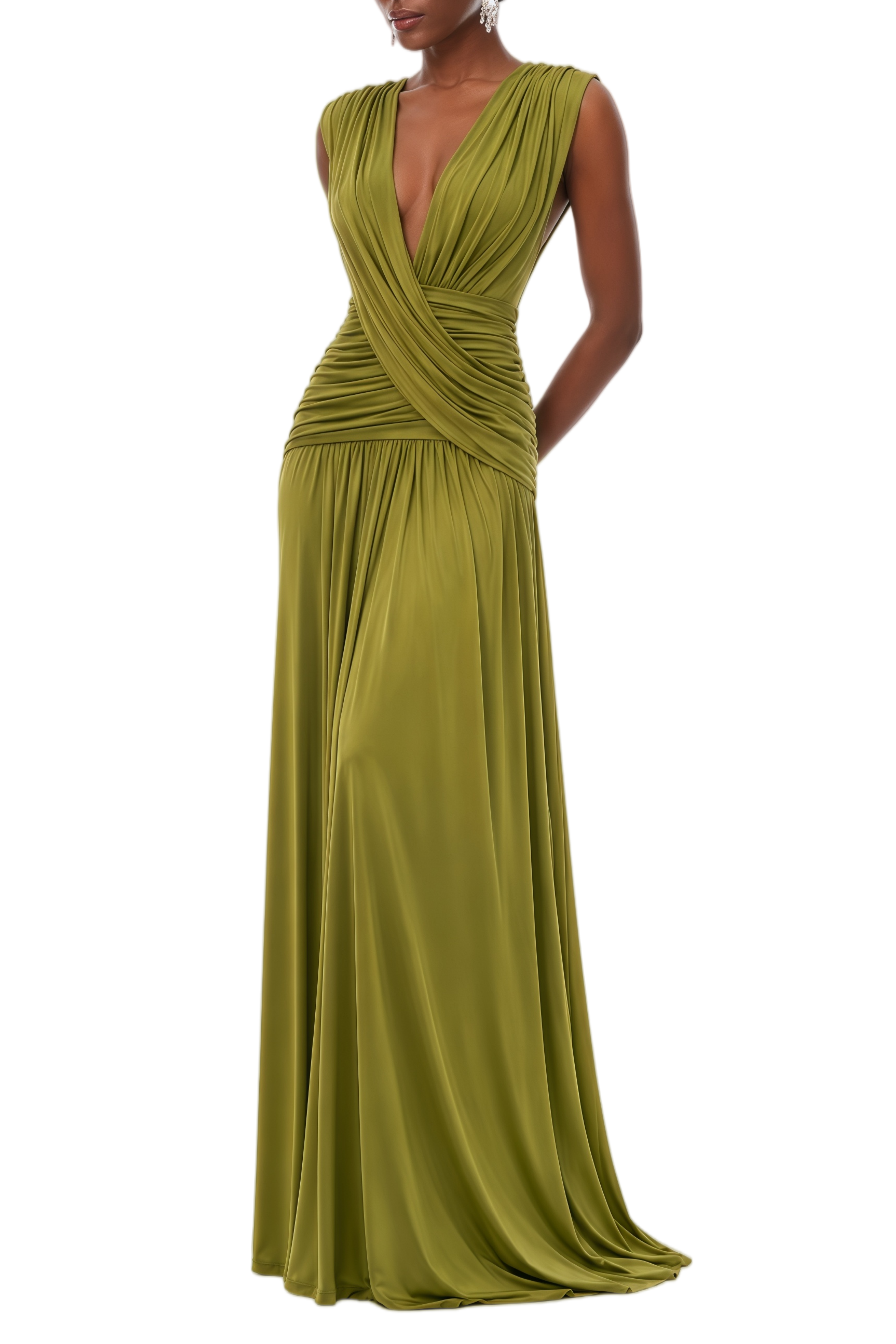 Theodora Green Ruched V-Neckline Maxi Dress