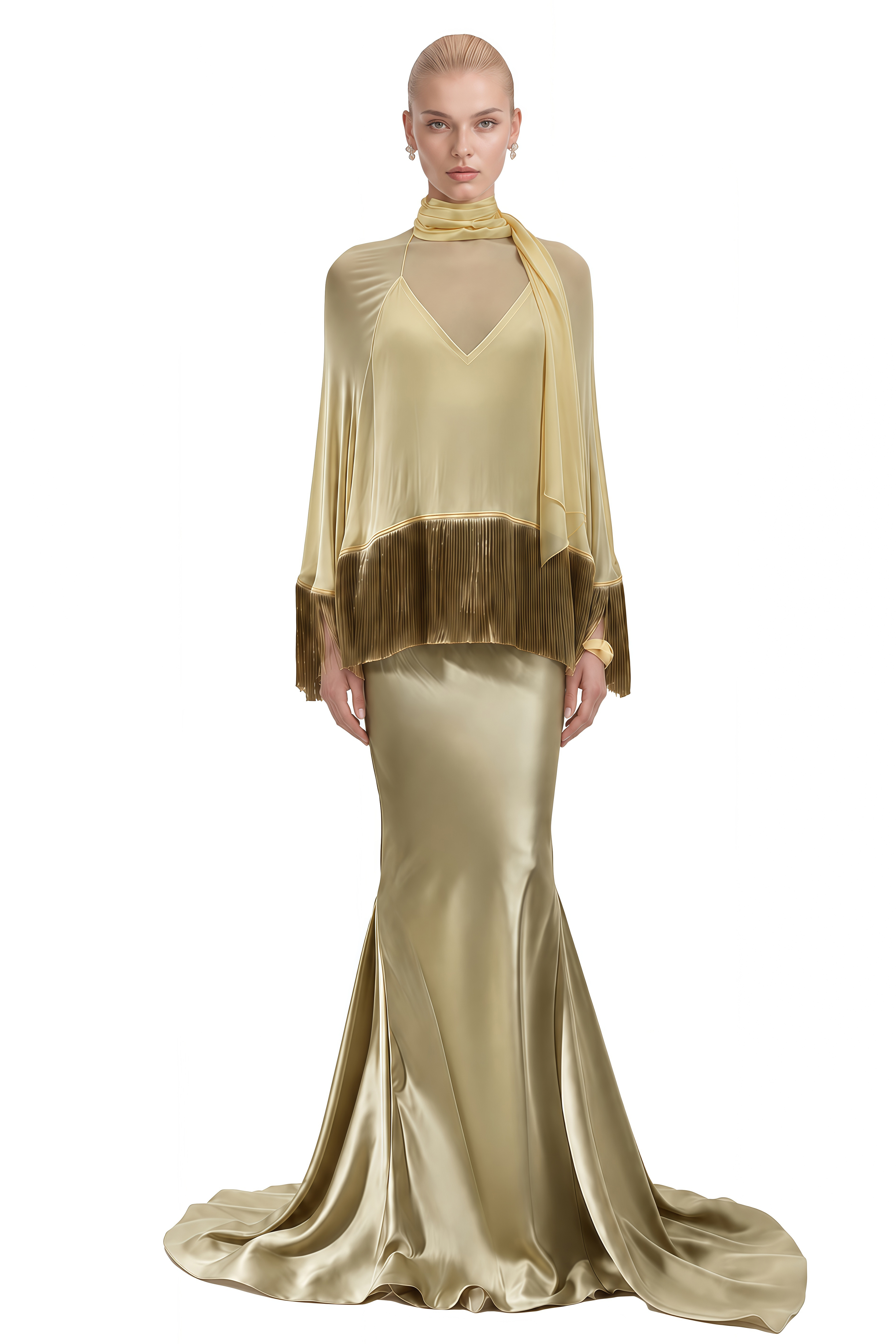 Alexandra Light Yellow Cape Fringe-Trim Top & Skirt Set