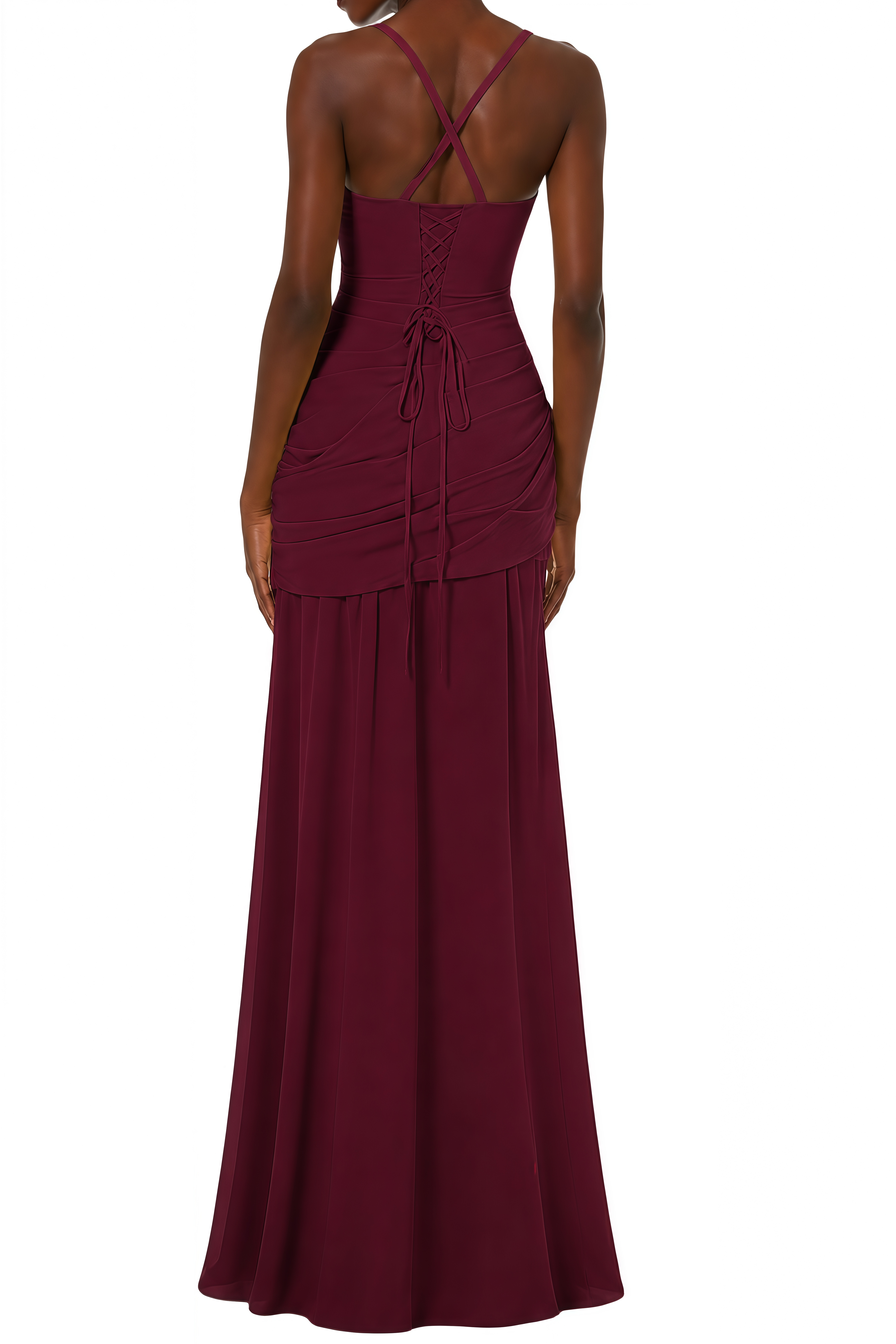 Althea Burgundy Lace-Up Back Ruched Maxi Dress