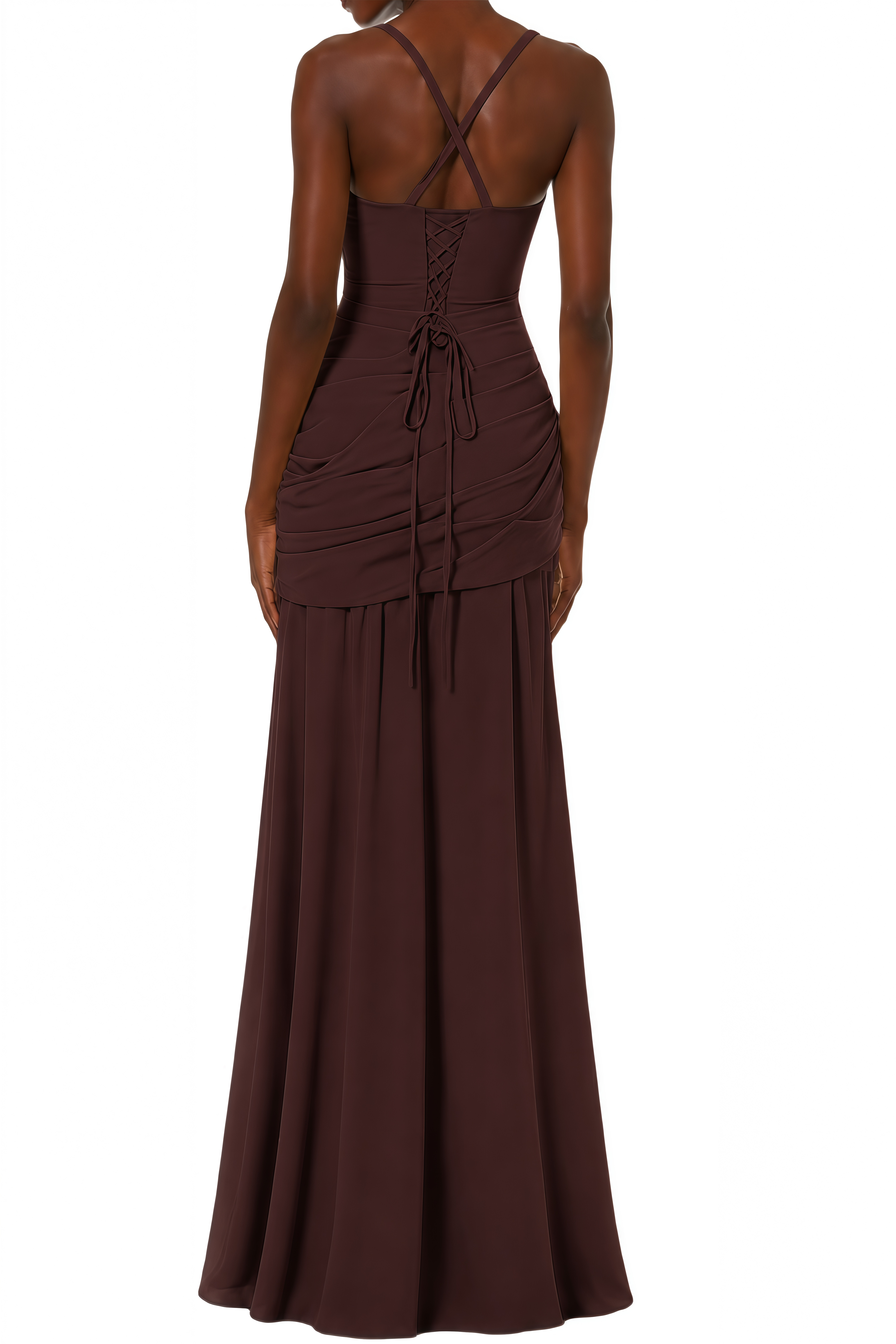 Althea Dark Brown Lace-Up Back Ruched Maxi Dress