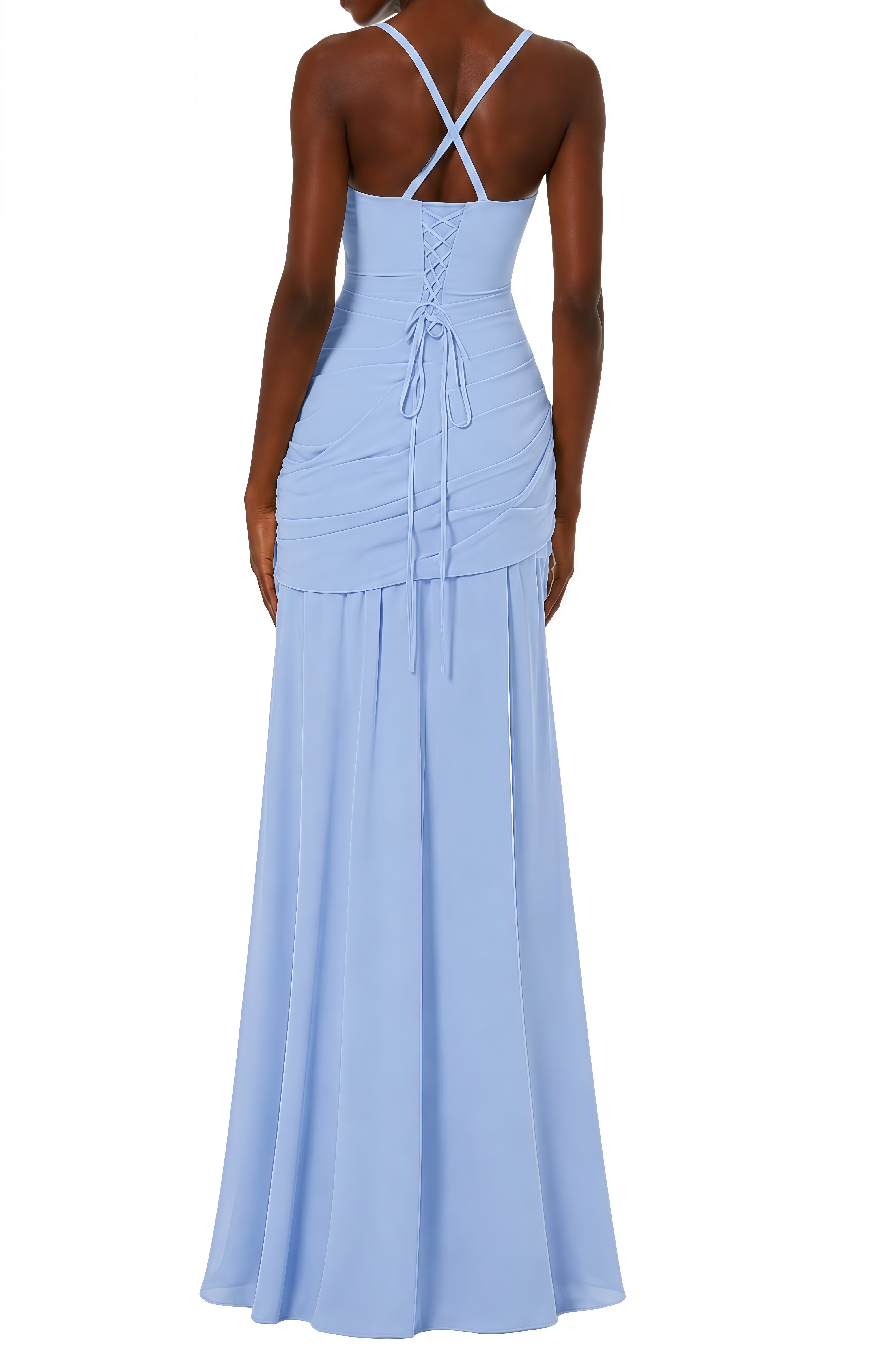 Althea Light Blue Lace-Up Back Ruched Maxi Dress