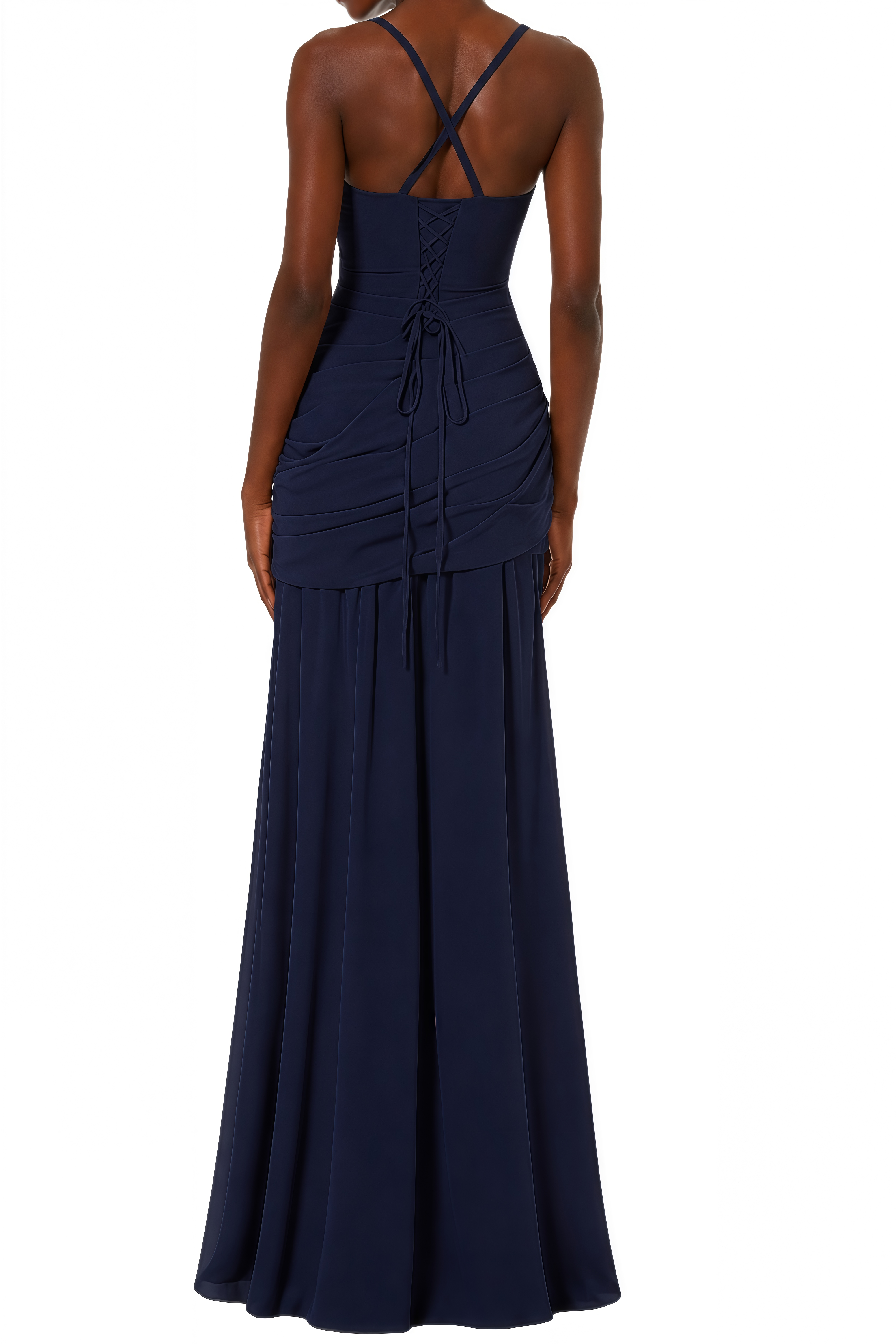 Althea Navy Blue Lace-Up Back Ruched Maxi Dress