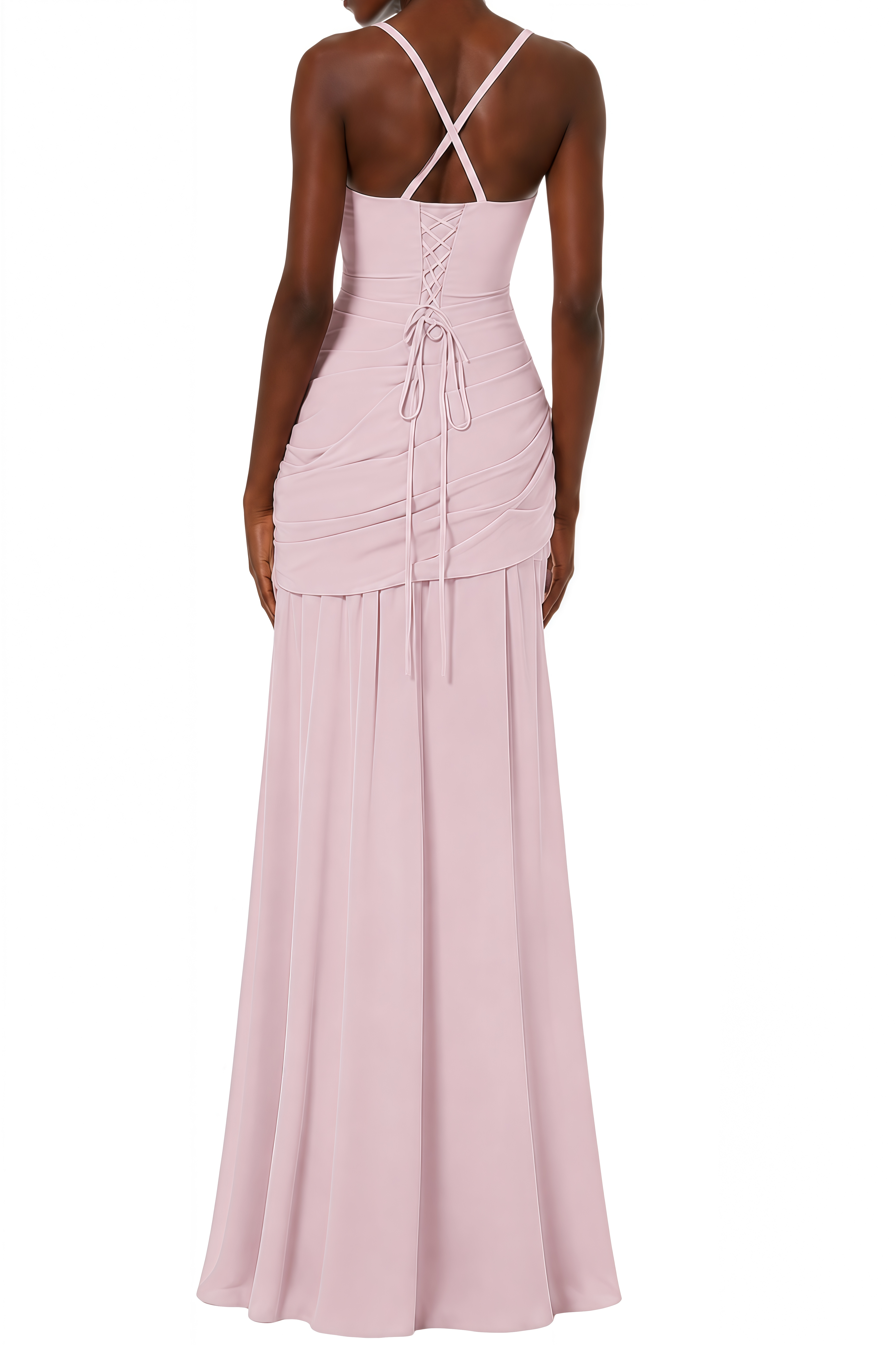 Althea Pink Lace-Up Back Ruched Maxi Dress