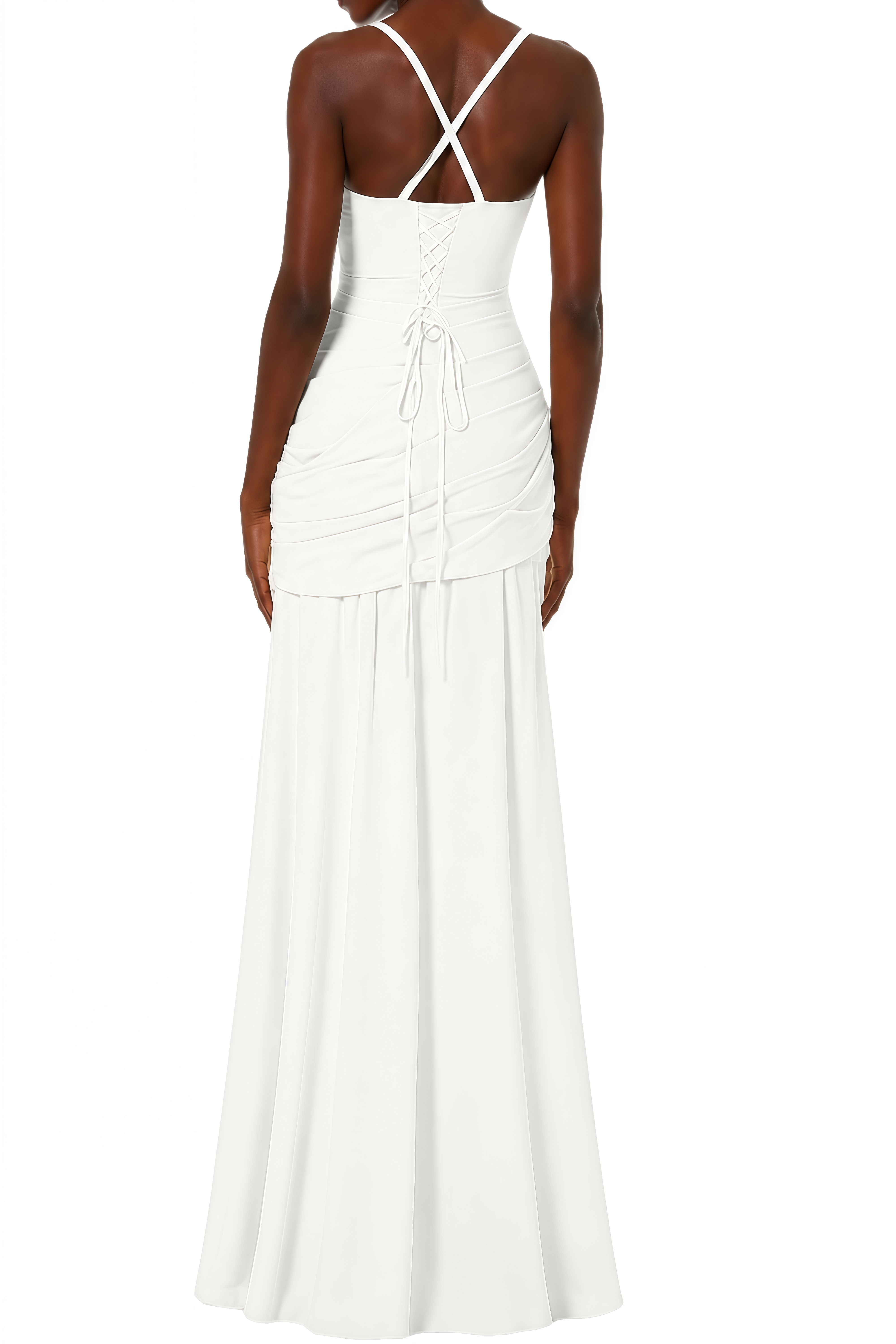 Althea White Lace-Up Back Ruched Maxi Dress