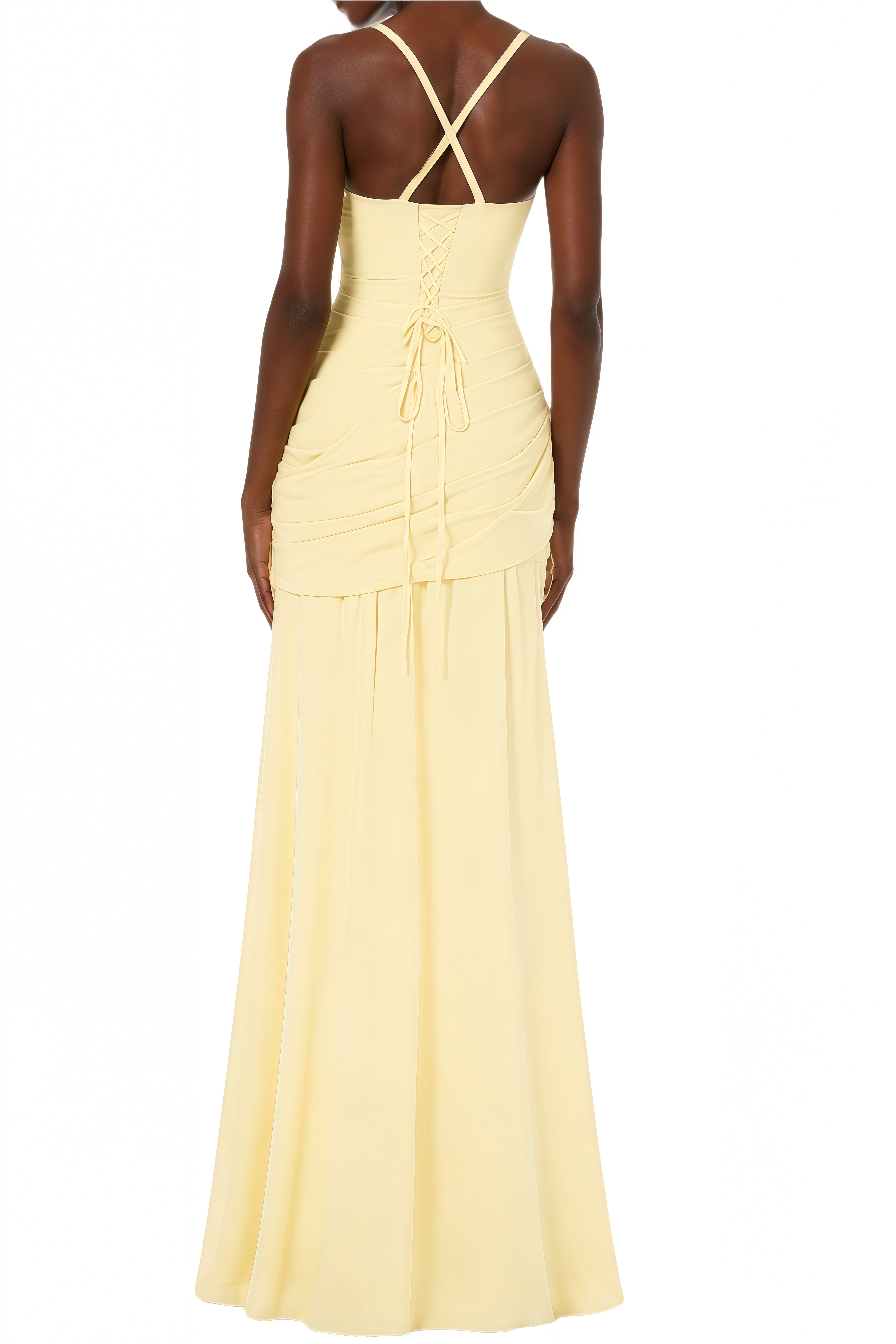 Althea Yellow Lace-Up Back Ruched Maxi Dress