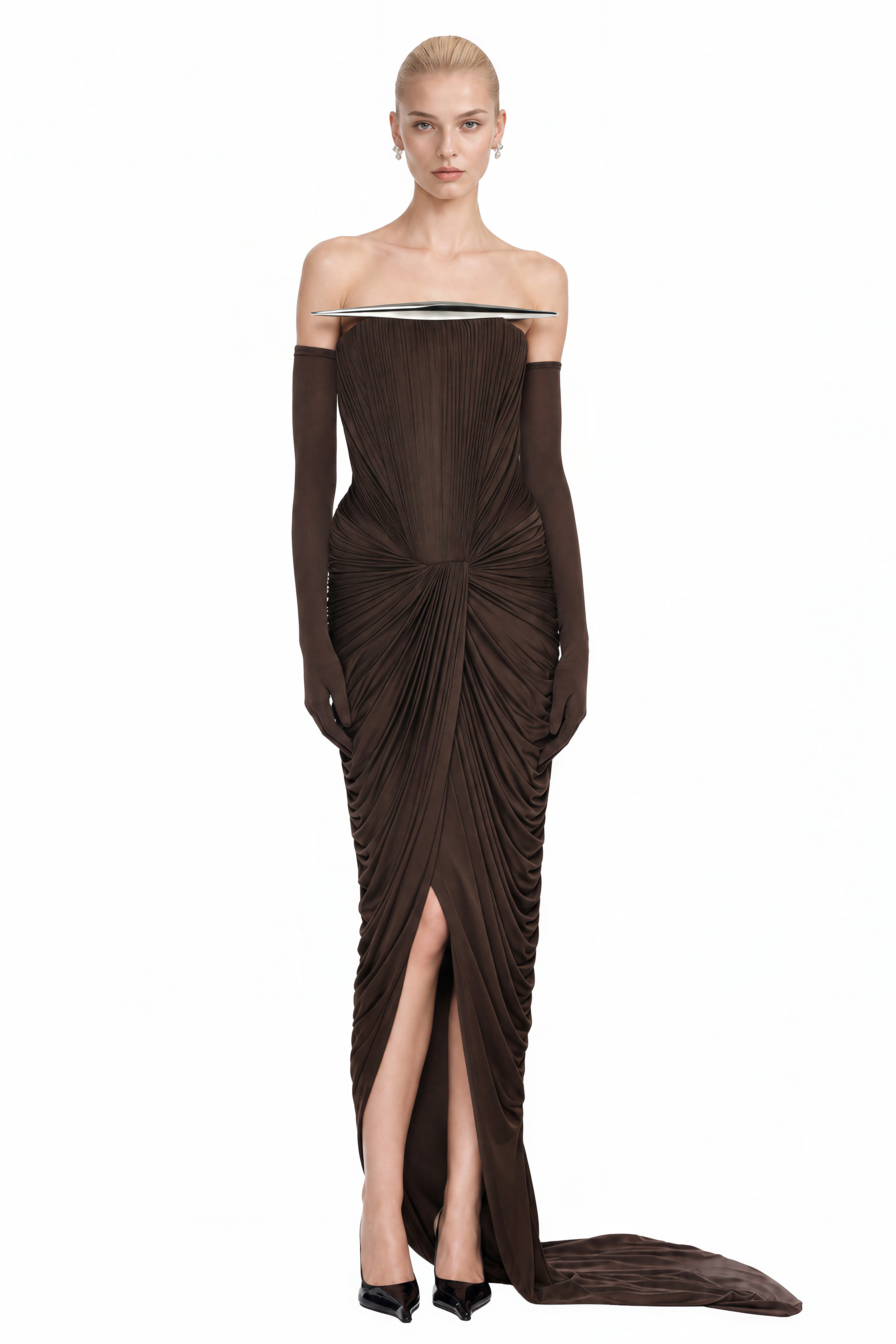 Amelia Brown Off Shoulder Draped Maxi Dress