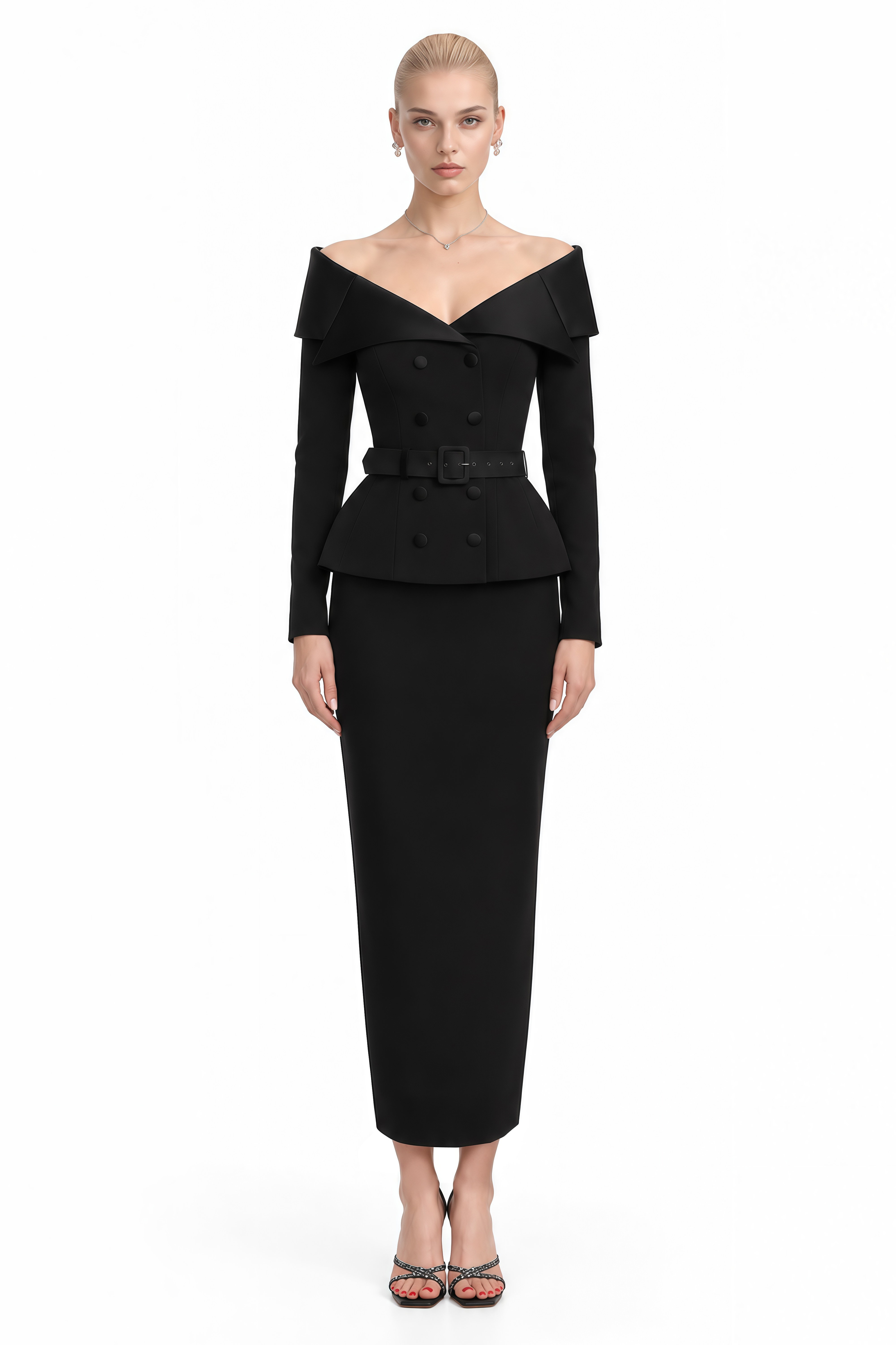 Beatrice Black Off Shoulder Belted Top & Skirt Set