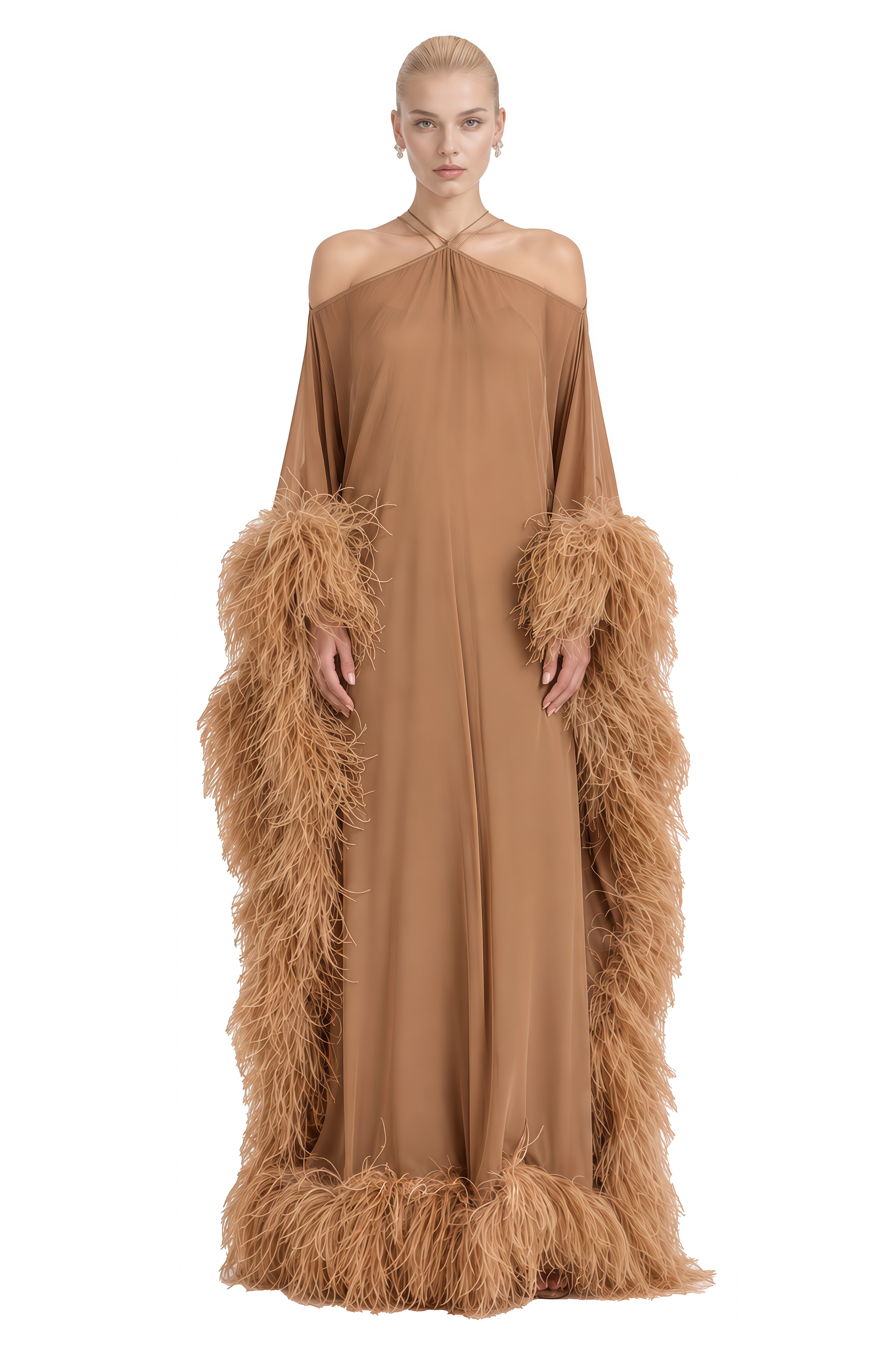 Cecilia Brown Halterneck Feather-Hem Maxi Dress
