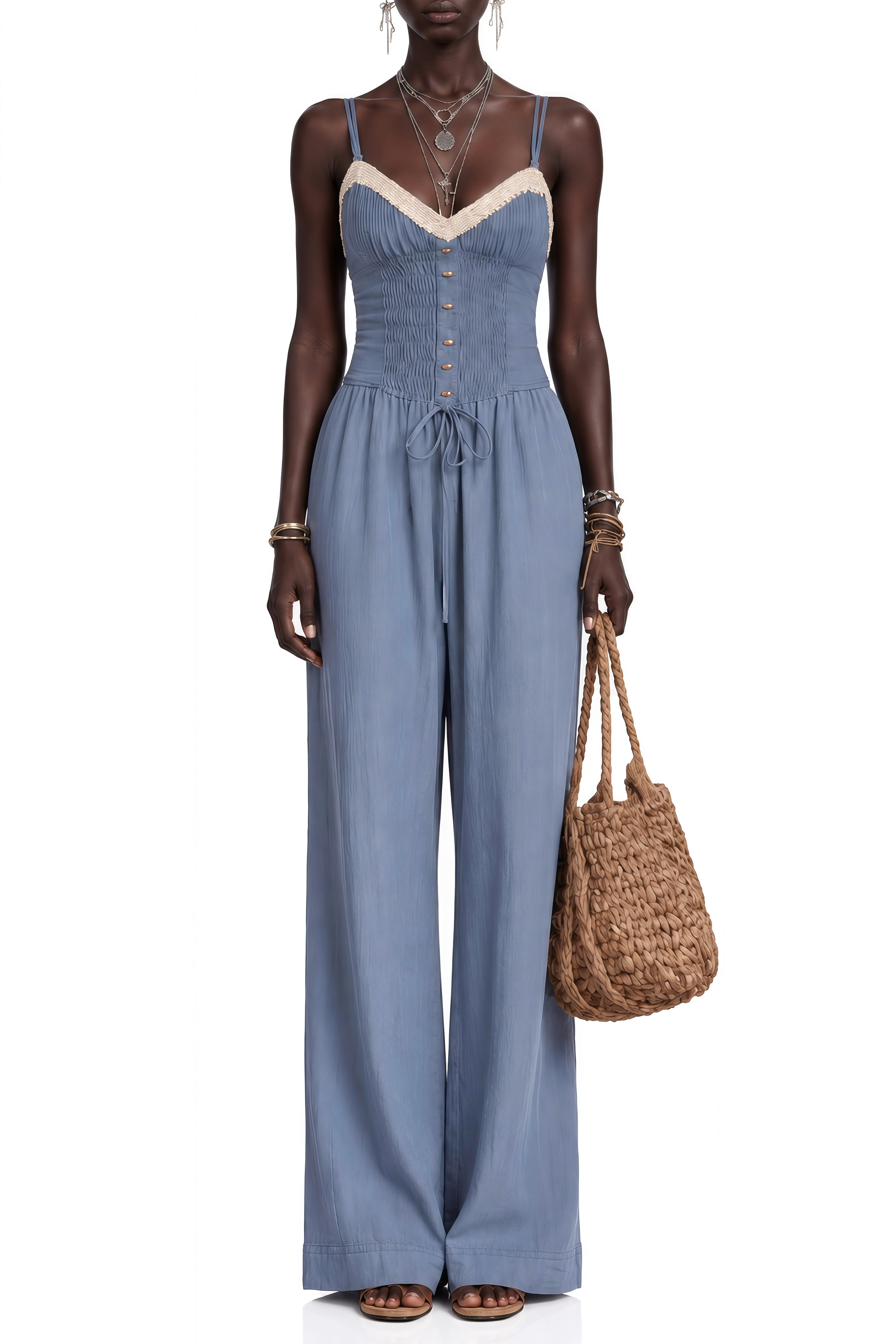 Celeste Dusty Blue Sleeveless Ruched Jumpsuit