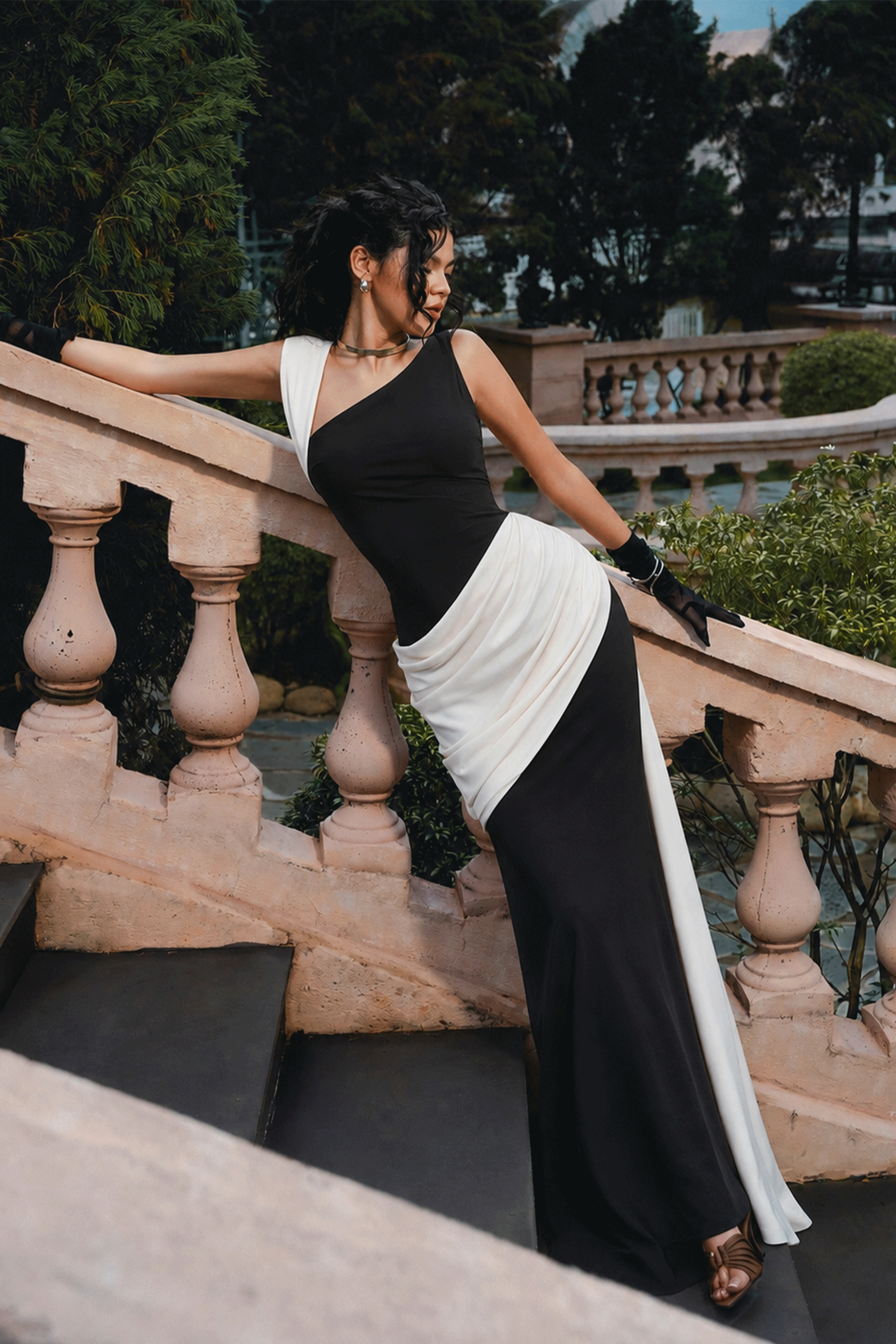 Quintina Color Block Asymmetrical Ruched Maxi Dress