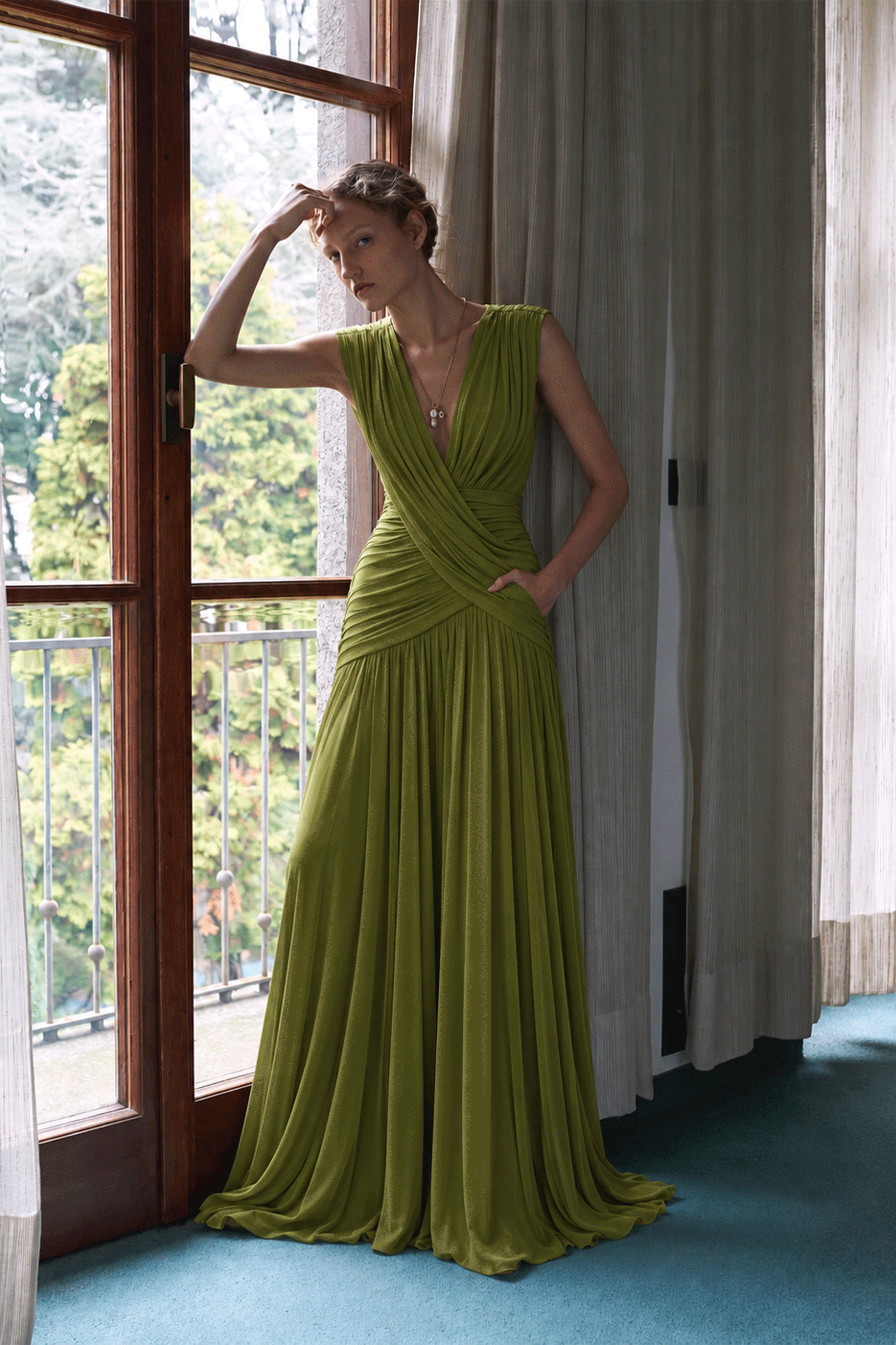 Theodora Green Ruched V-Neckline Maxi Dress