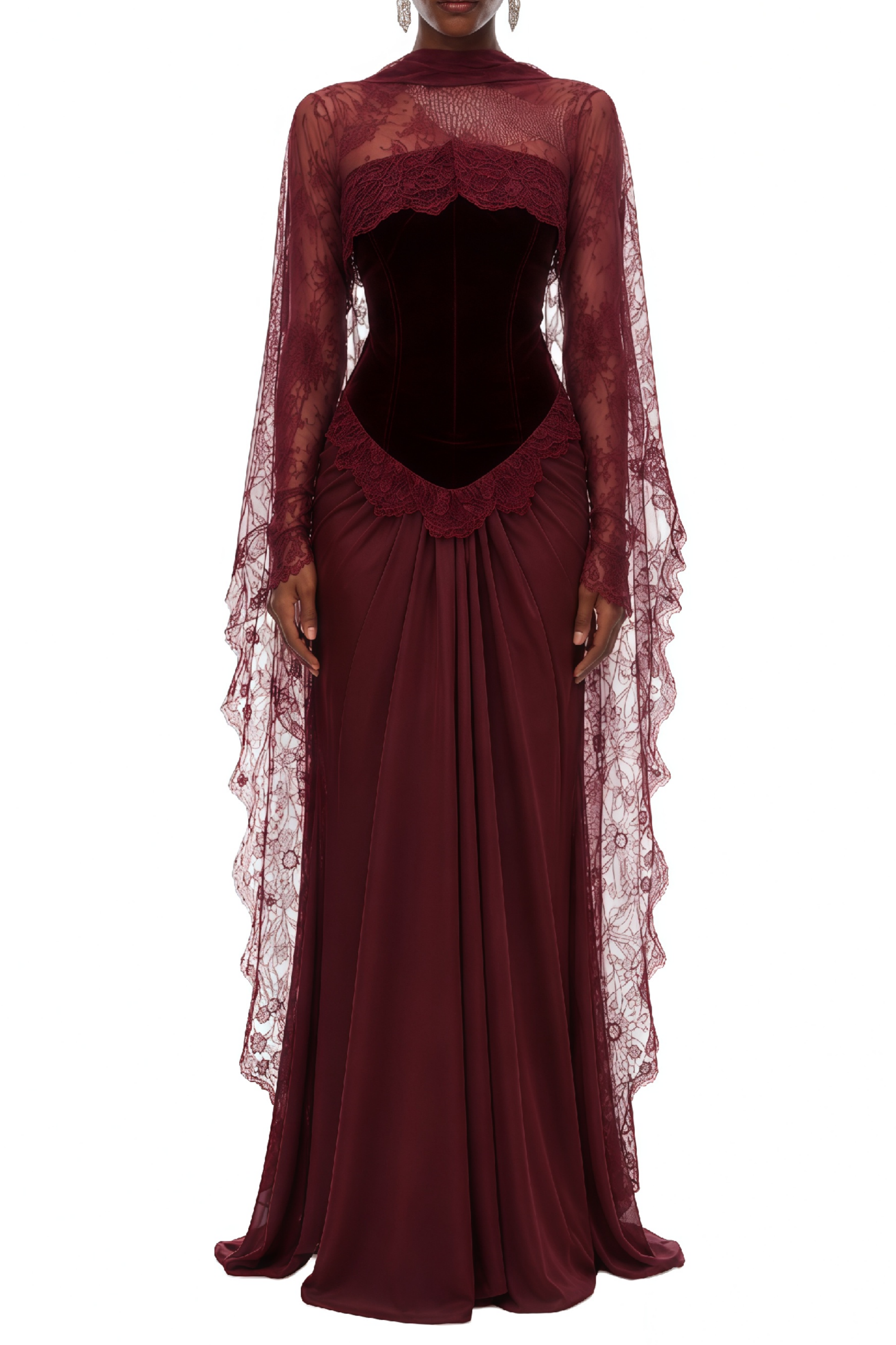 Hedy Burgundy Lace Cape & Ruched Dress Set