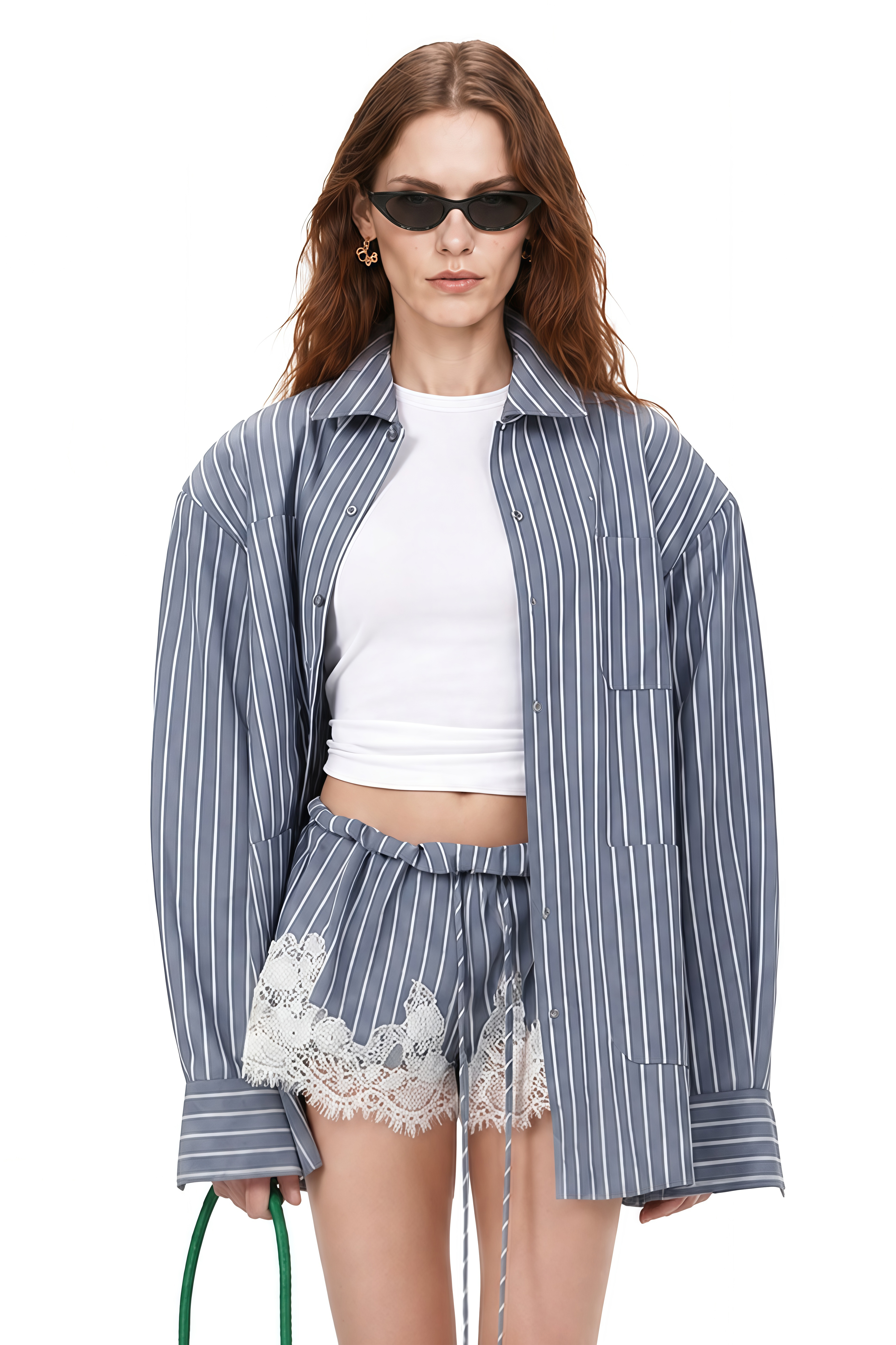 Clarisse Blue Striped Lace-Trim Blouse & Shorts Set