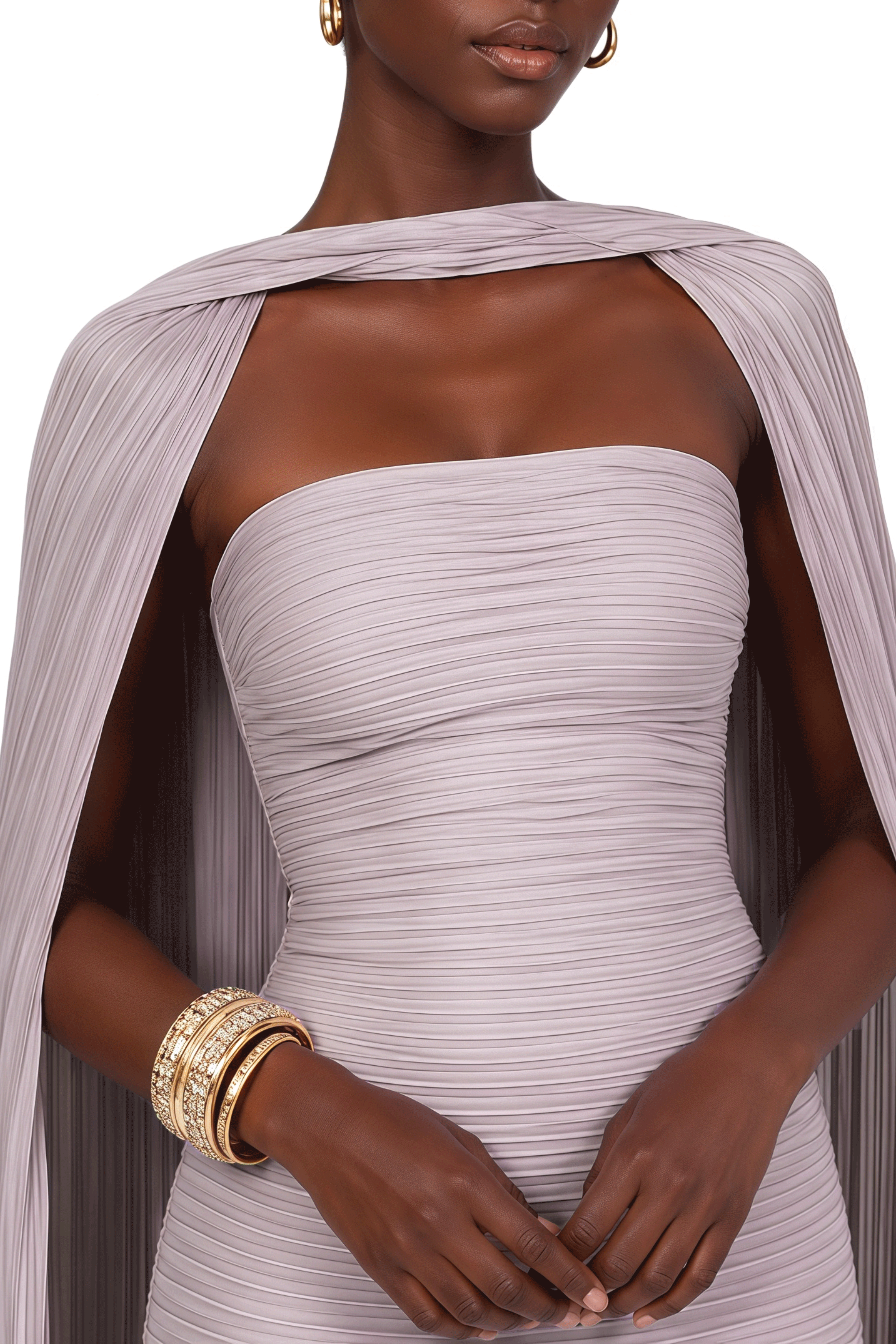 Cornelia Purple Cape Design Ruched Maxi Dress