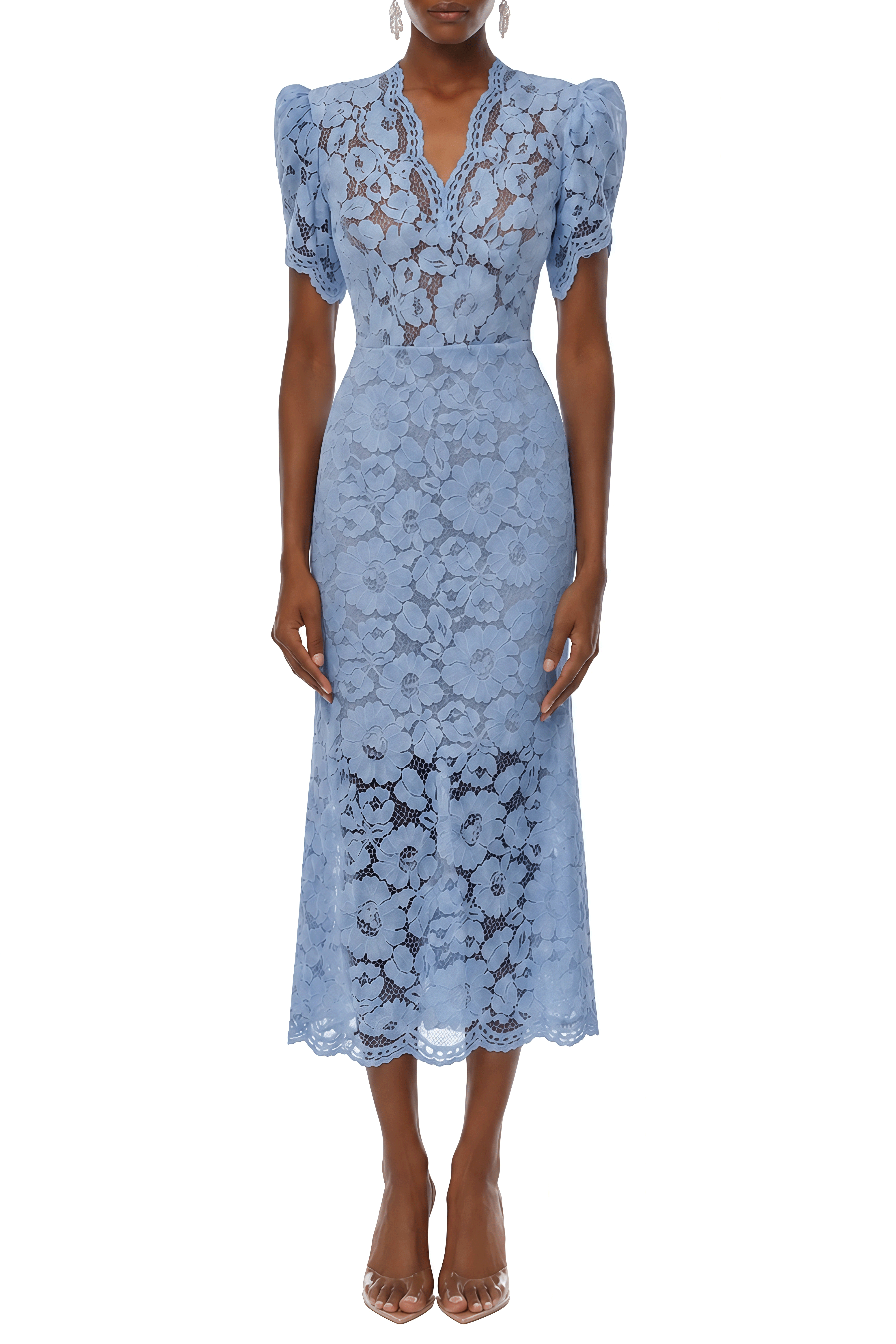 Daphne Blue Puff Sleeve Lace Midi Dress