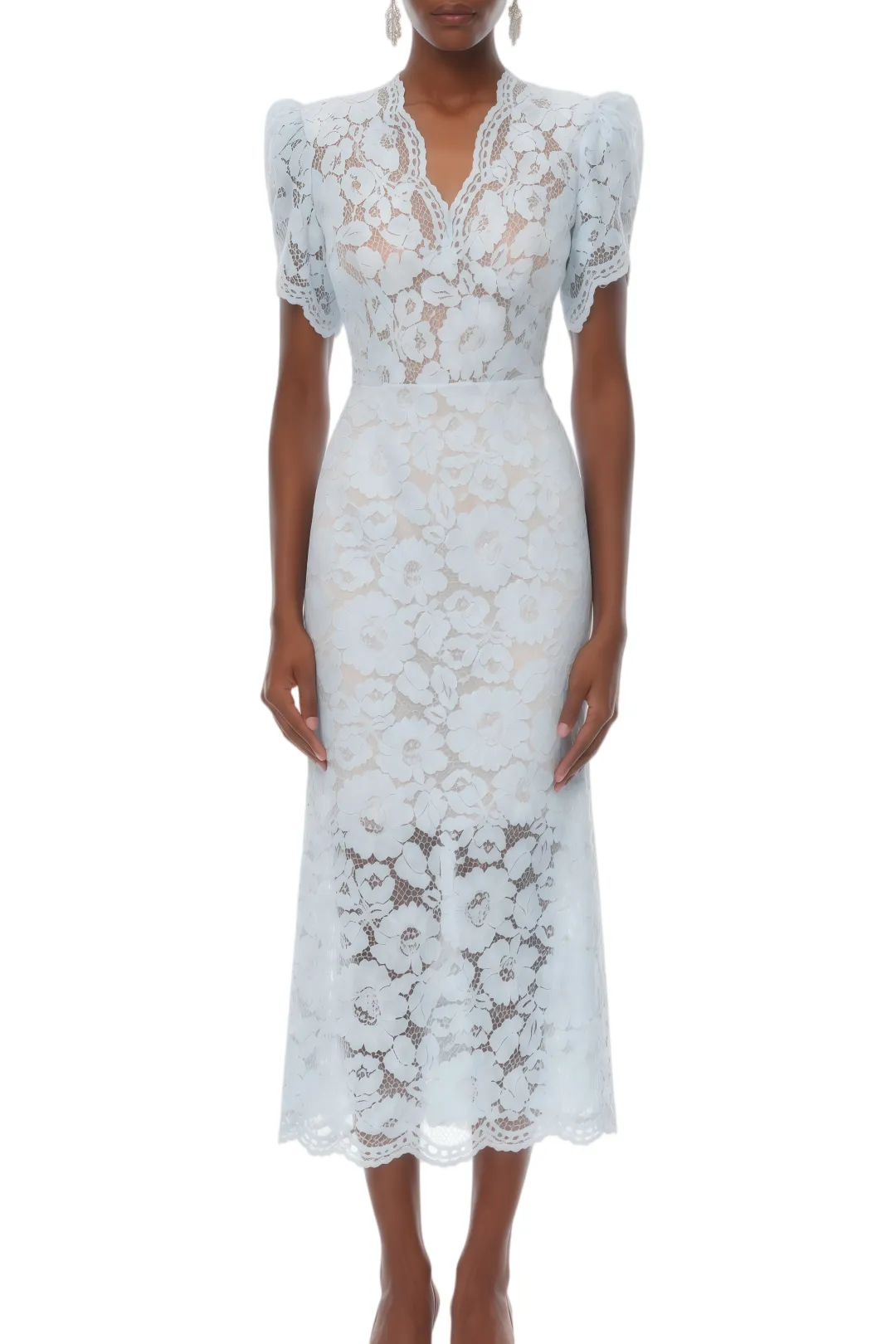 Daphne Blue Puff Sleeve Lace Midi Dress