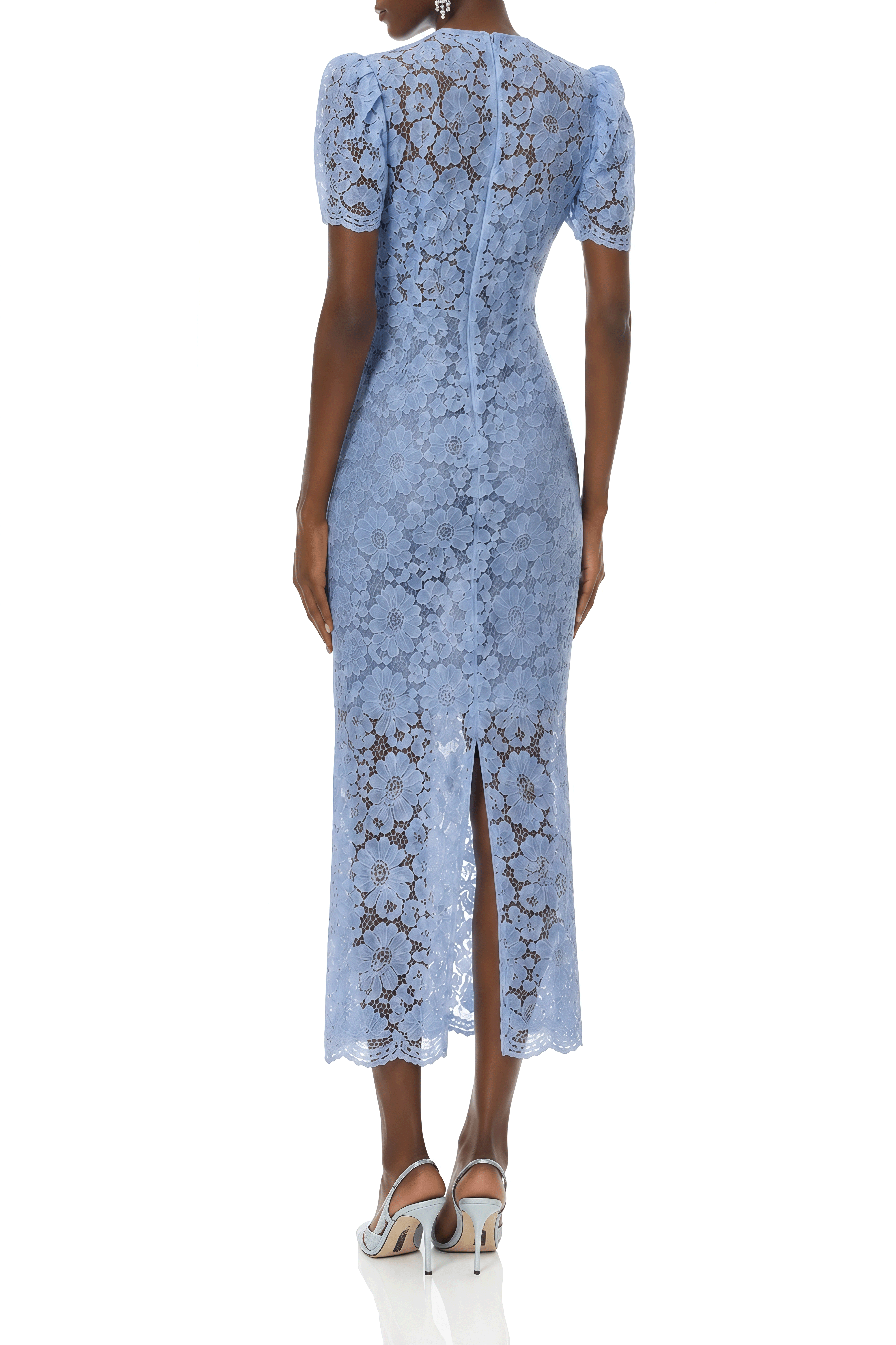 Daphne Blue Puff Sleeve Lace Midi Dress
