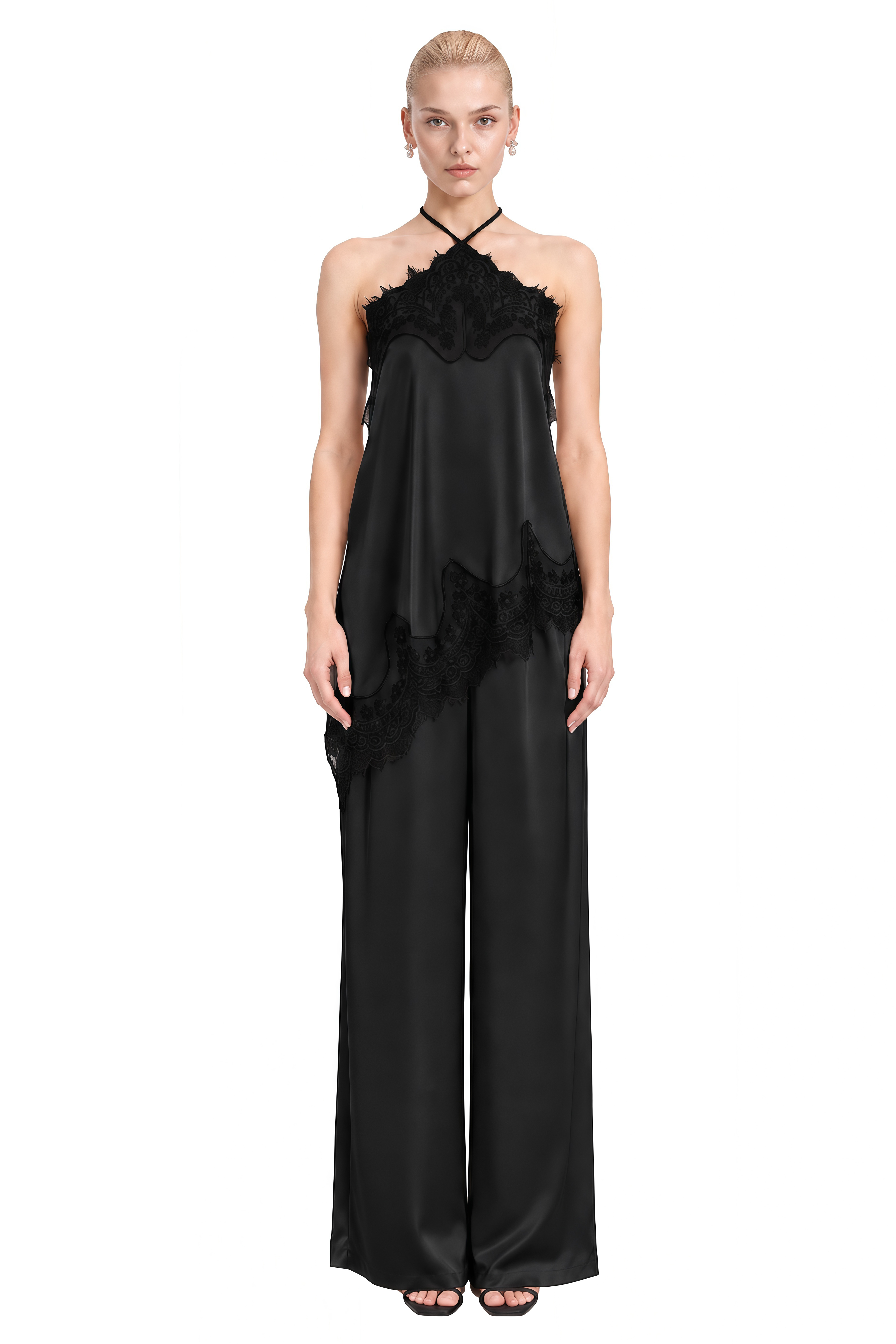Diana Black Halterneck Asymmetrical Top & Trousers Set
