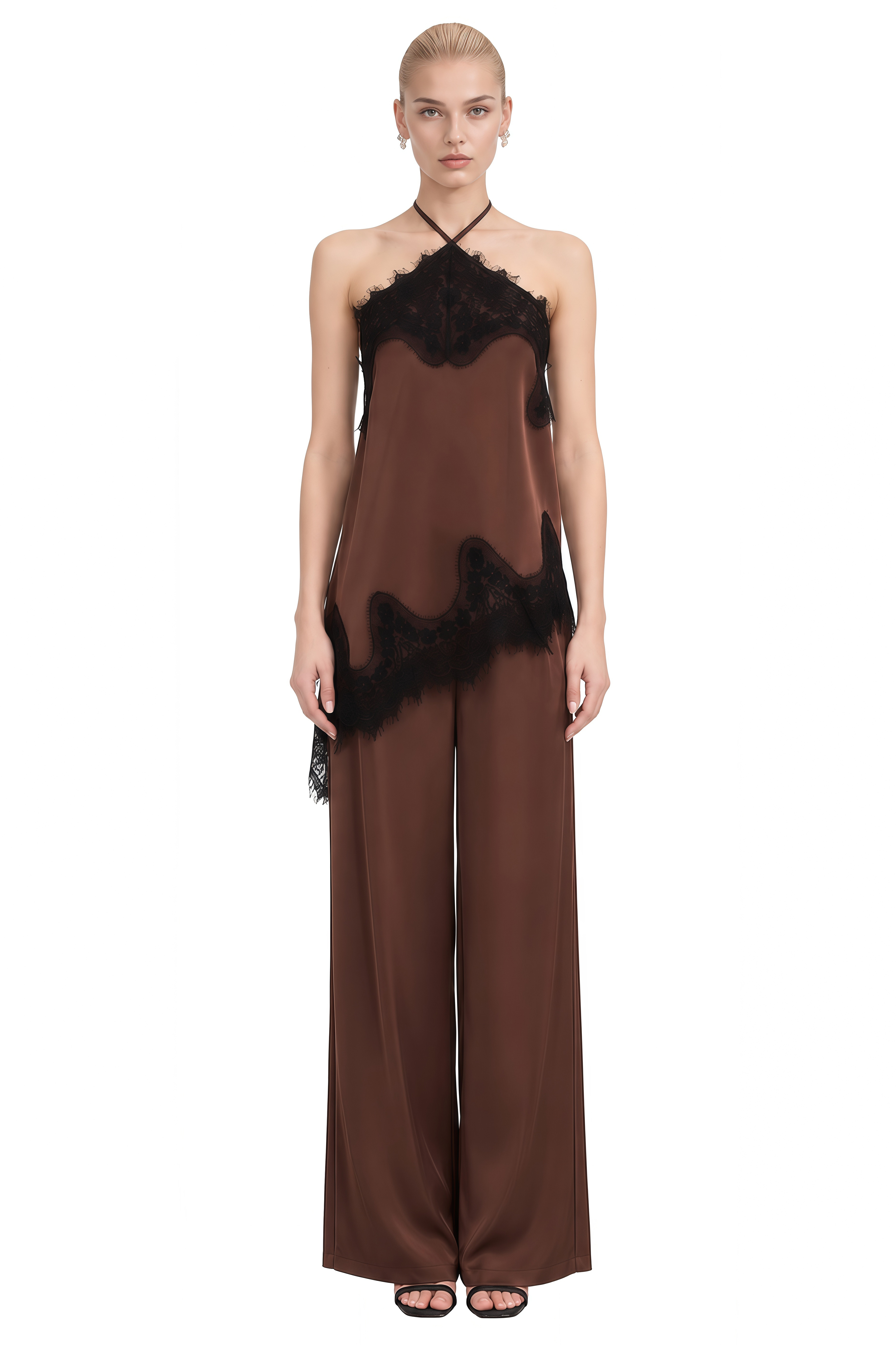 Diana Brown Halterneck Asymmetrical Top & Trousers Set