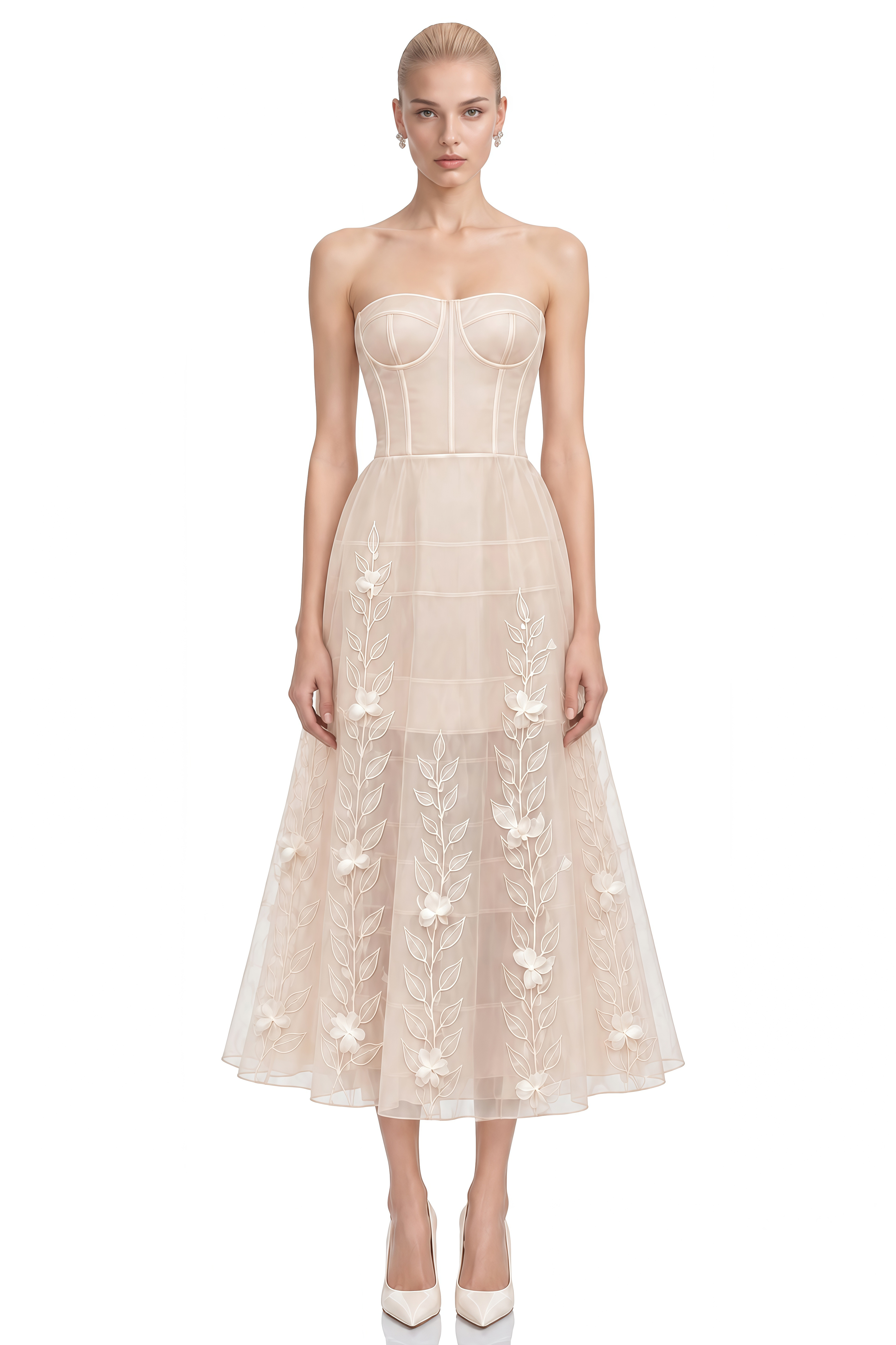 Elara Neutral Strapless Floral Appliqué Midi Dress