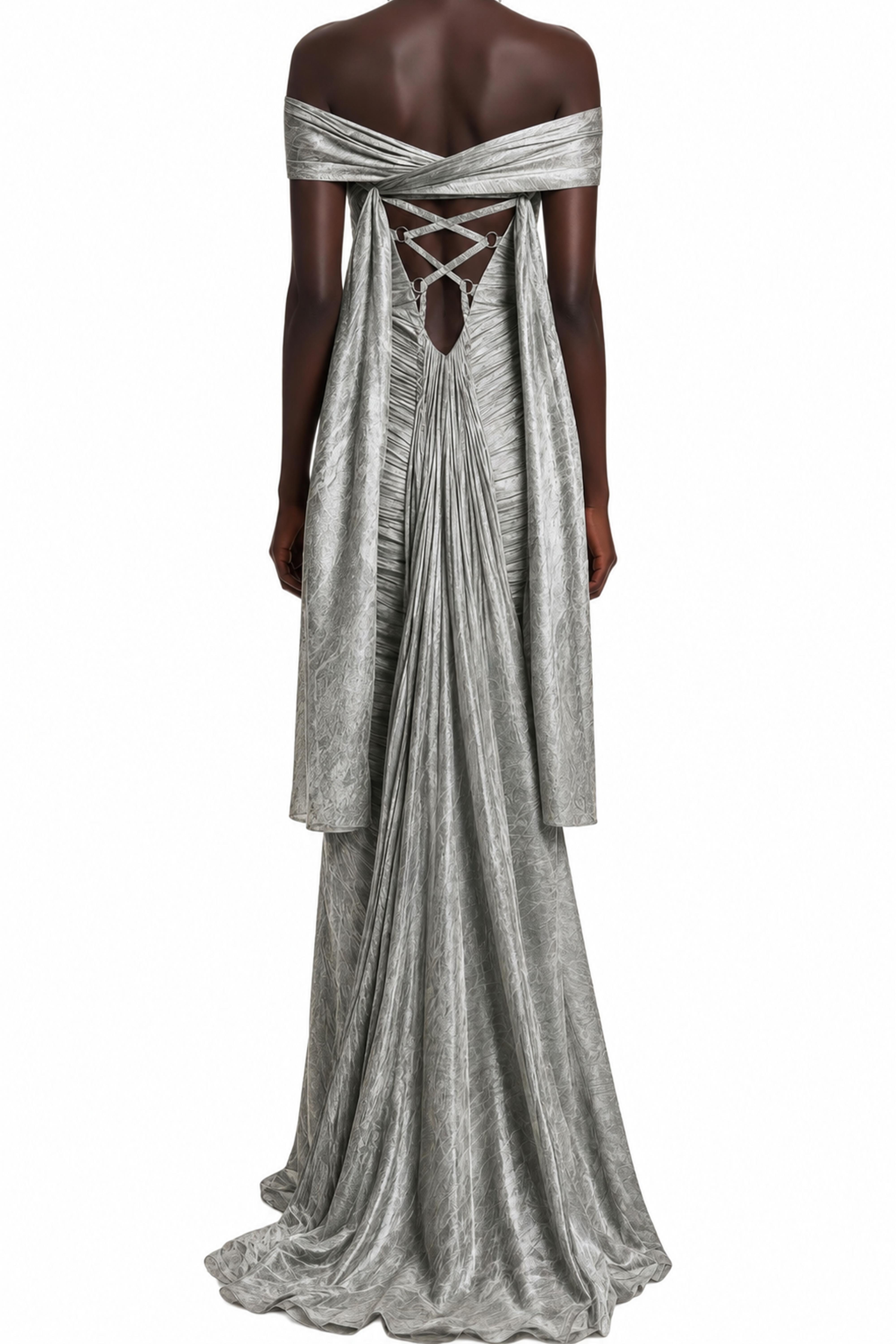 Elowen Grey Off-Shoulder Ruched Maxi Dress
