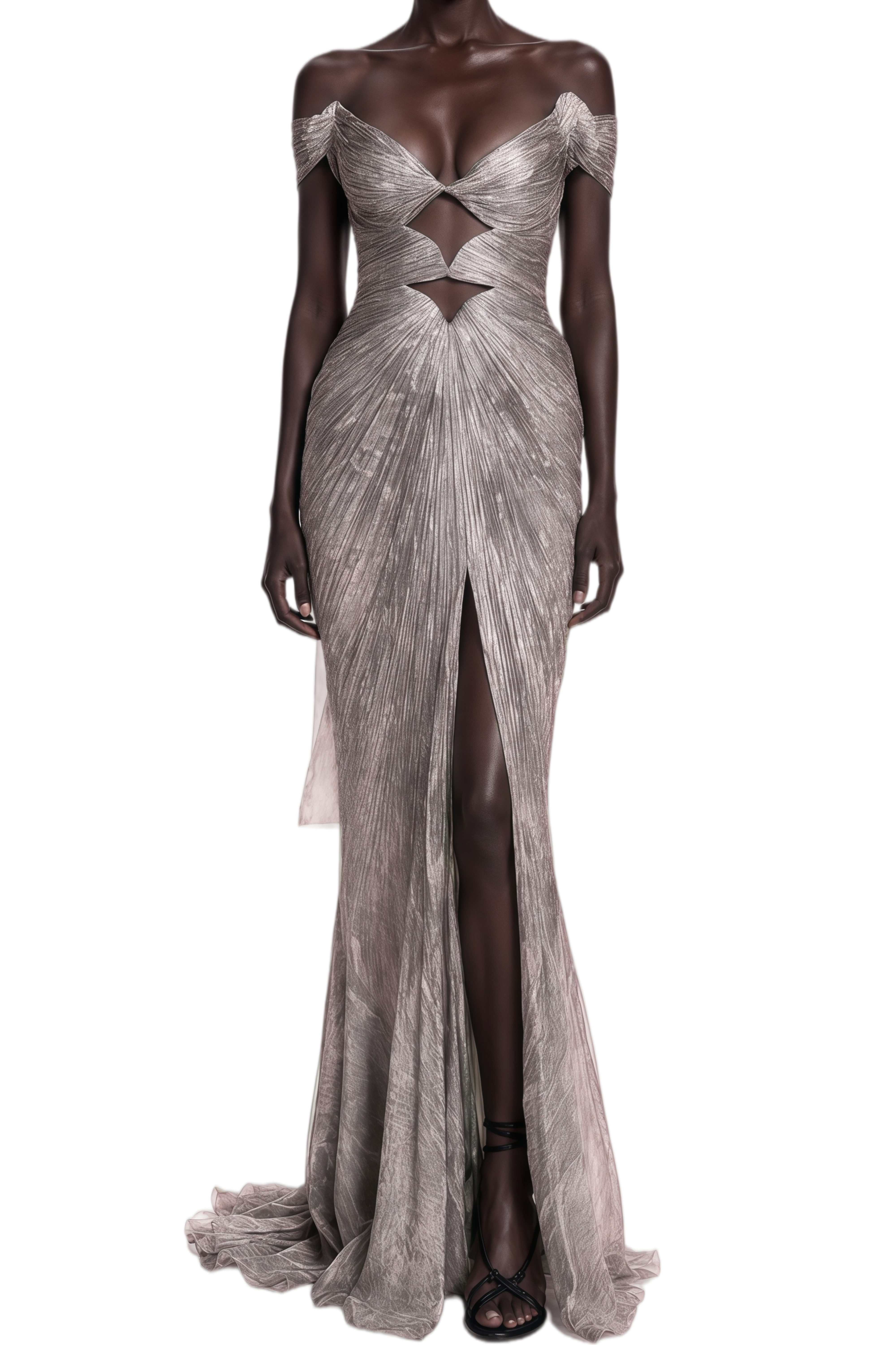 Elowen Grey Off-Shoulder Ruched Maxi Dress