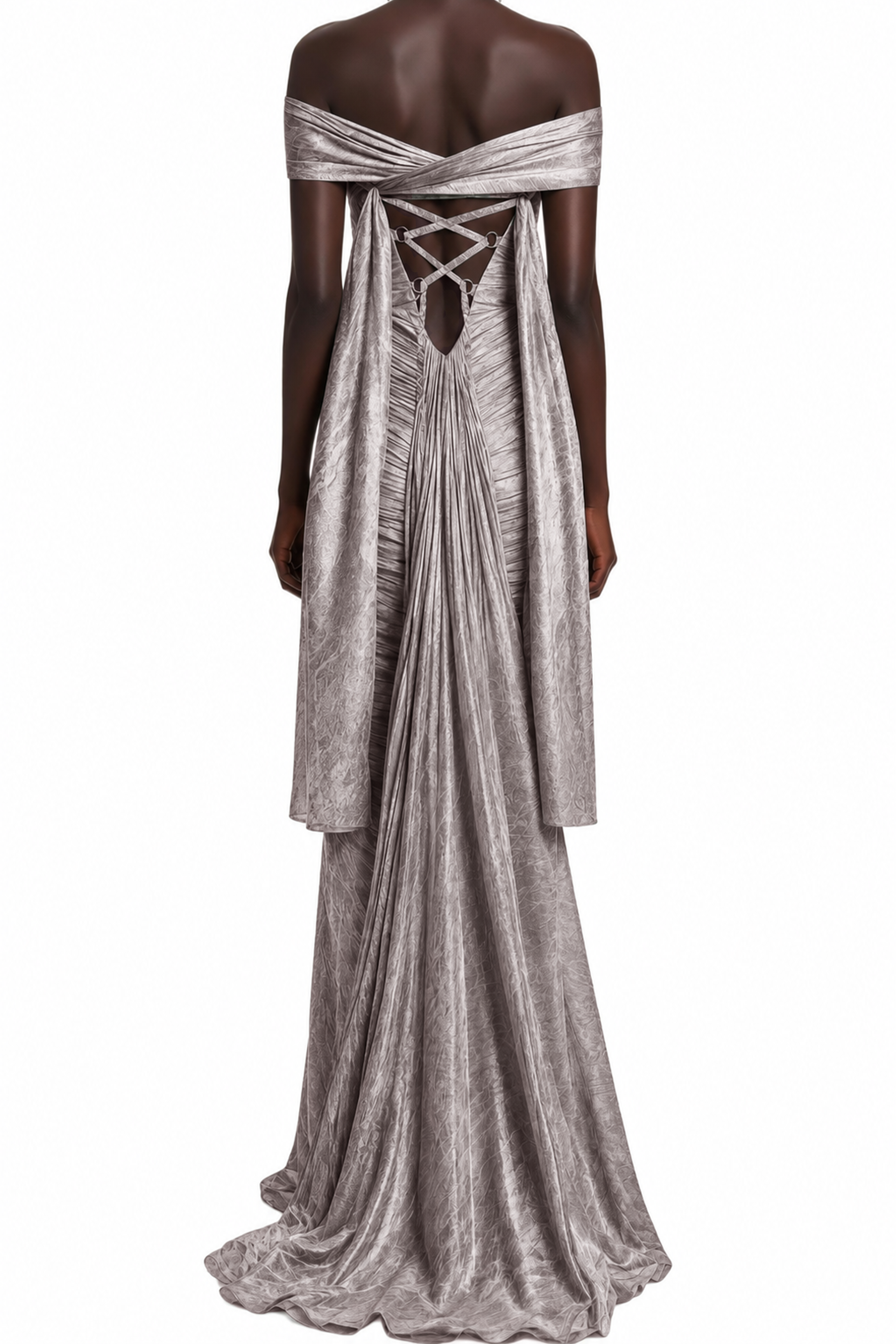 Elowen Grey Off-Shoulder Ruched Maxi Dress