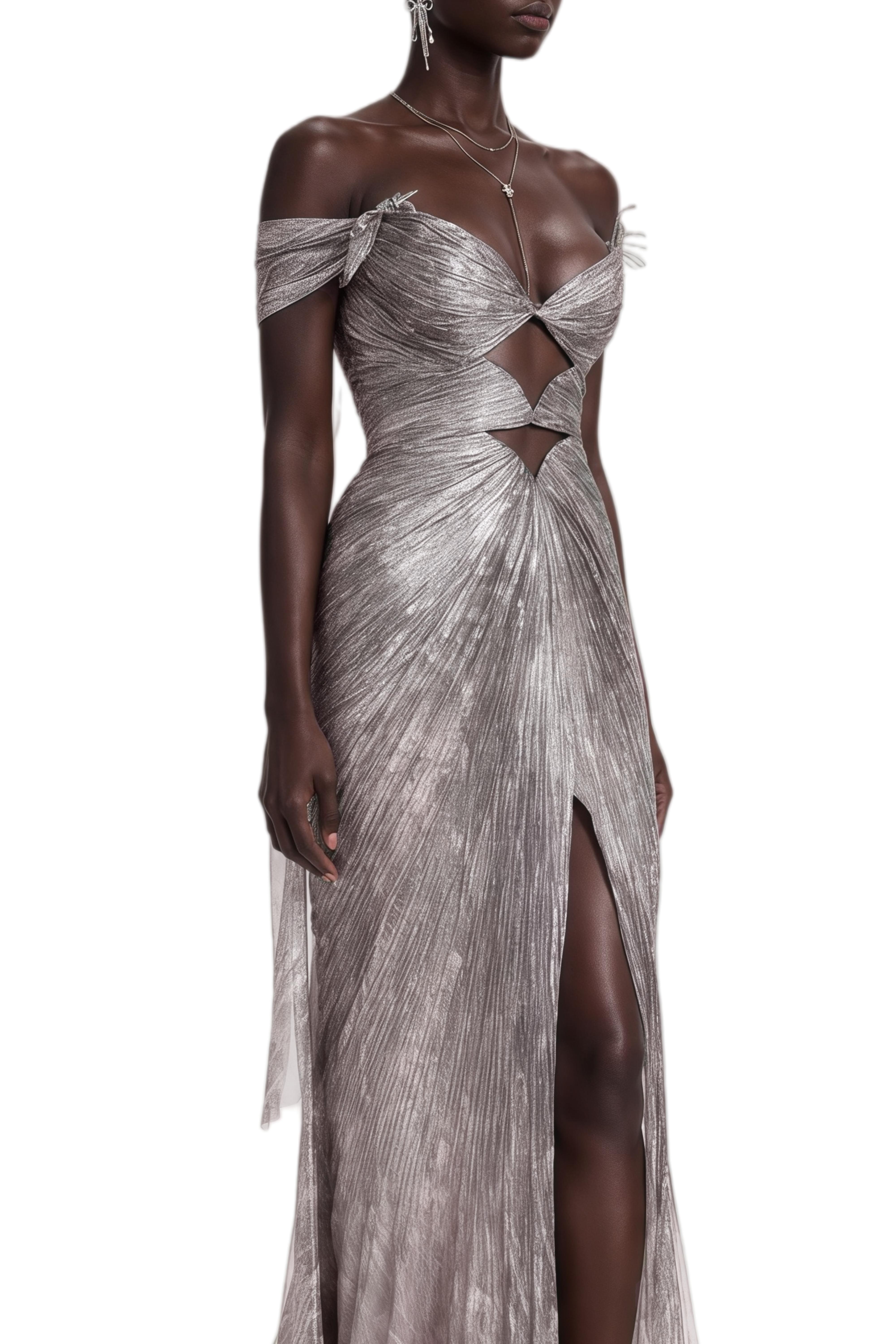 Elowen Grey Off-Shoulder Ruched Maxi Dress