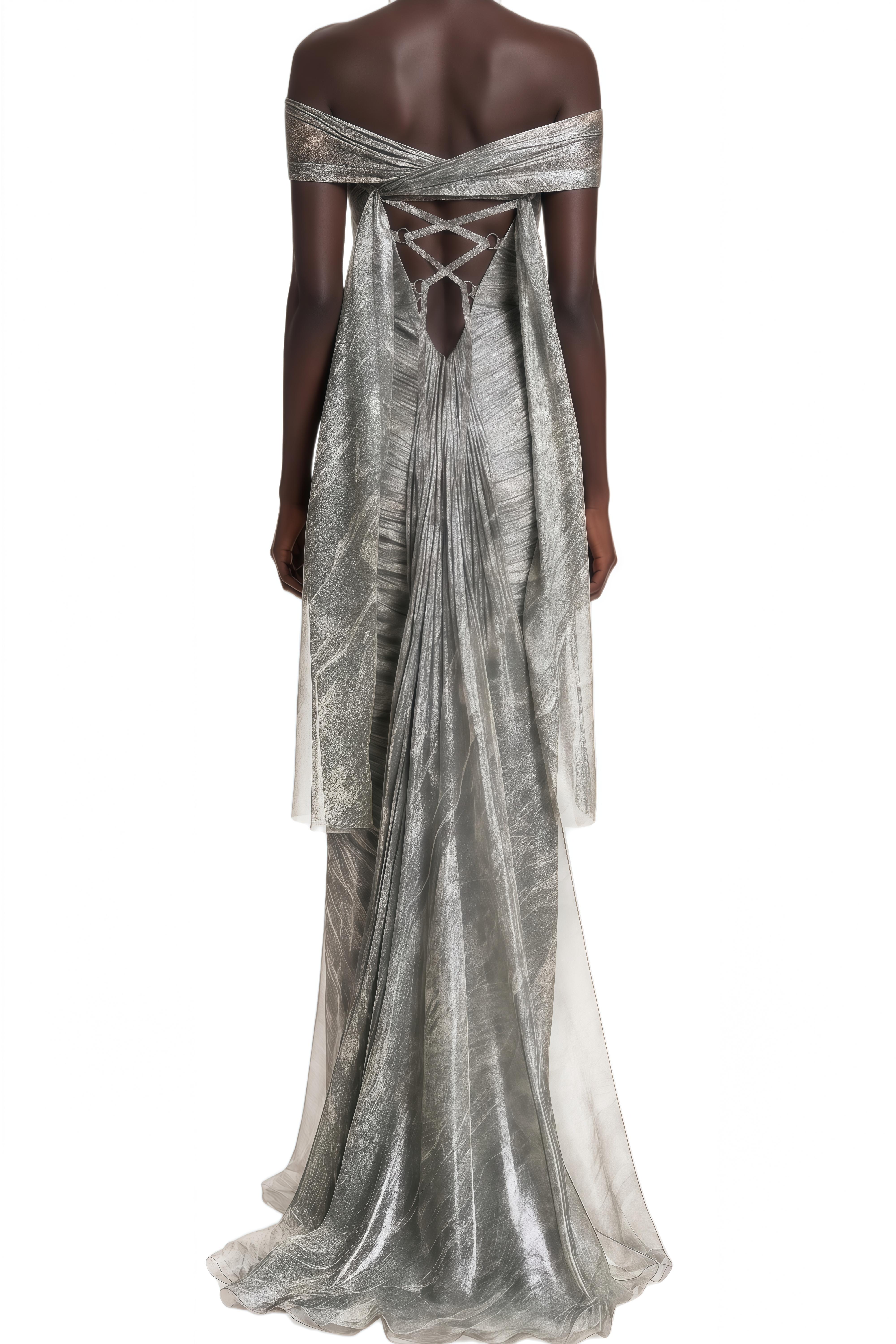 Elowen Grey Off-Shoulder Ruched Maxi Dress