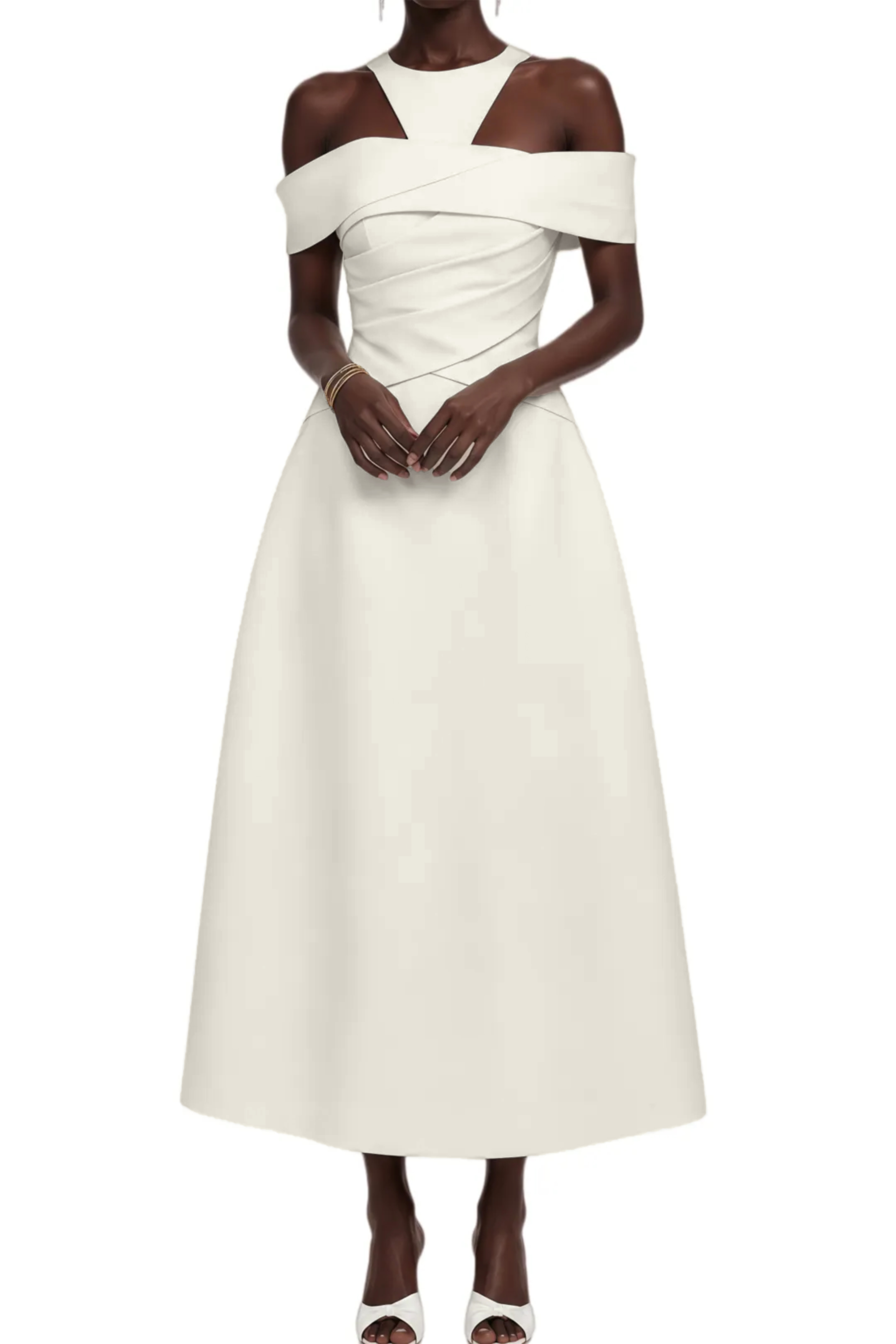 Elvira Ivory Halterneck Gathered Midi Dress